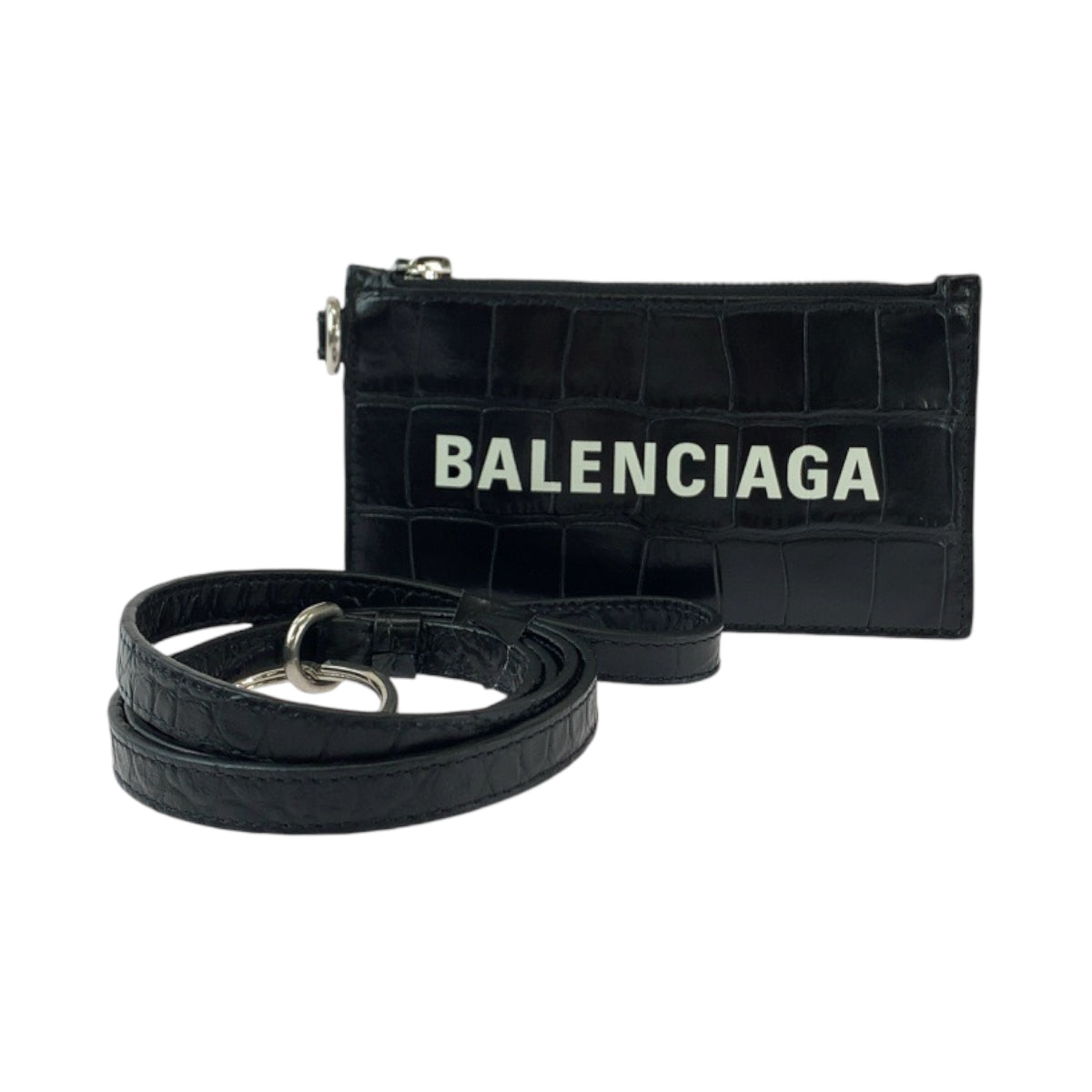 13302
BALENCIAGA バレンシアガ 型押し ブラック 黒 シルバー金具 レザー 594548 コインケース フラグメントケース カードケース ネックストラップ  メンズ