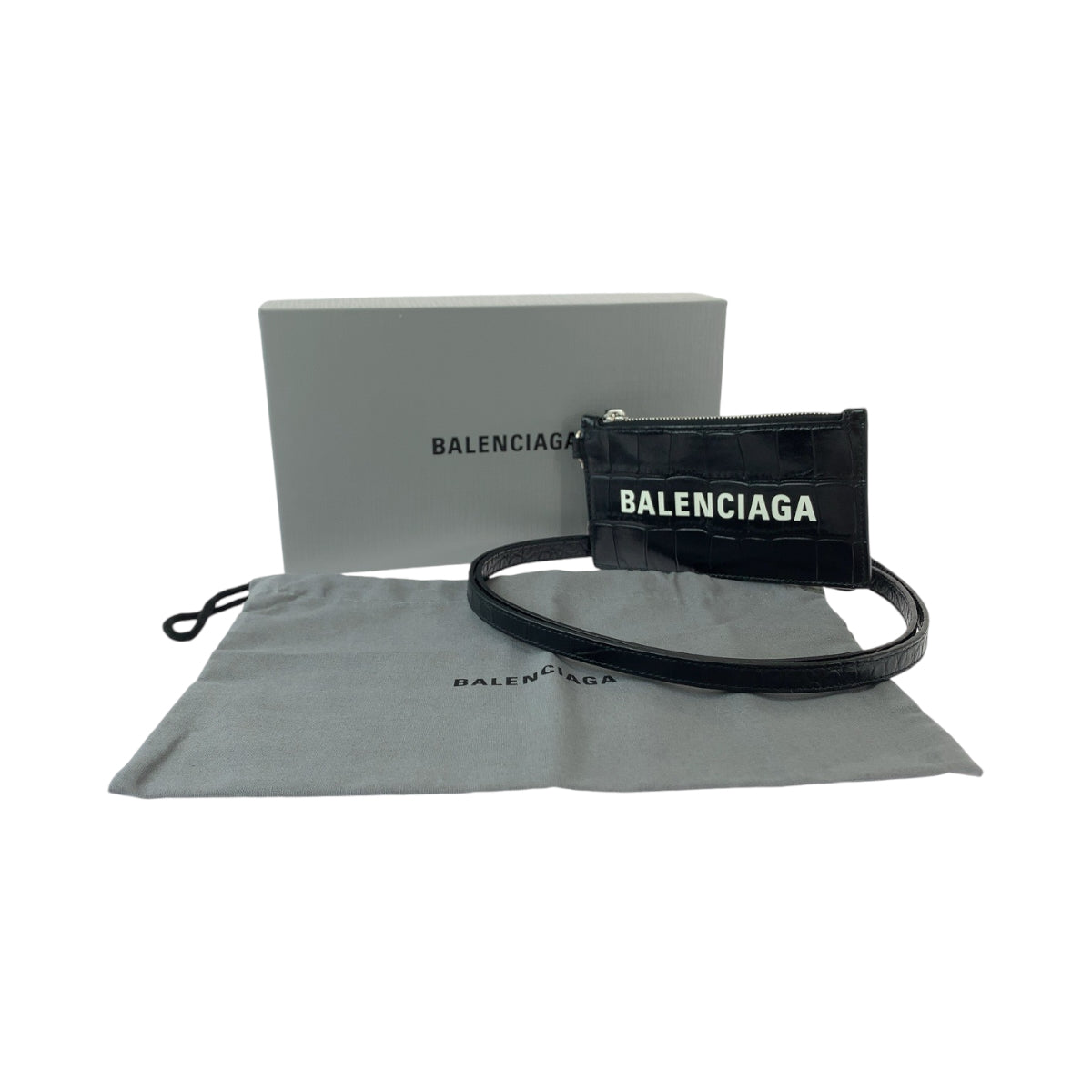 13302
BALENCIAGA バレンシアガ 型押し ブラック 黒 シルバー金具 レザー 594548 コインケース フラグメントケース カードケース ネックストラップ  メンズ
