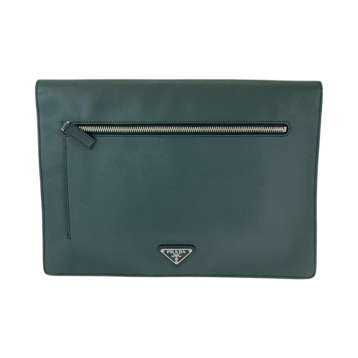 13304
PRADA プラダ サフィアーノ 三角ロゴプレート バイカラー グリーン ブラック シルバー金具 レザー VR089M クラッチバッグ ビジネスバッグ ドキュメントケース  メンズ