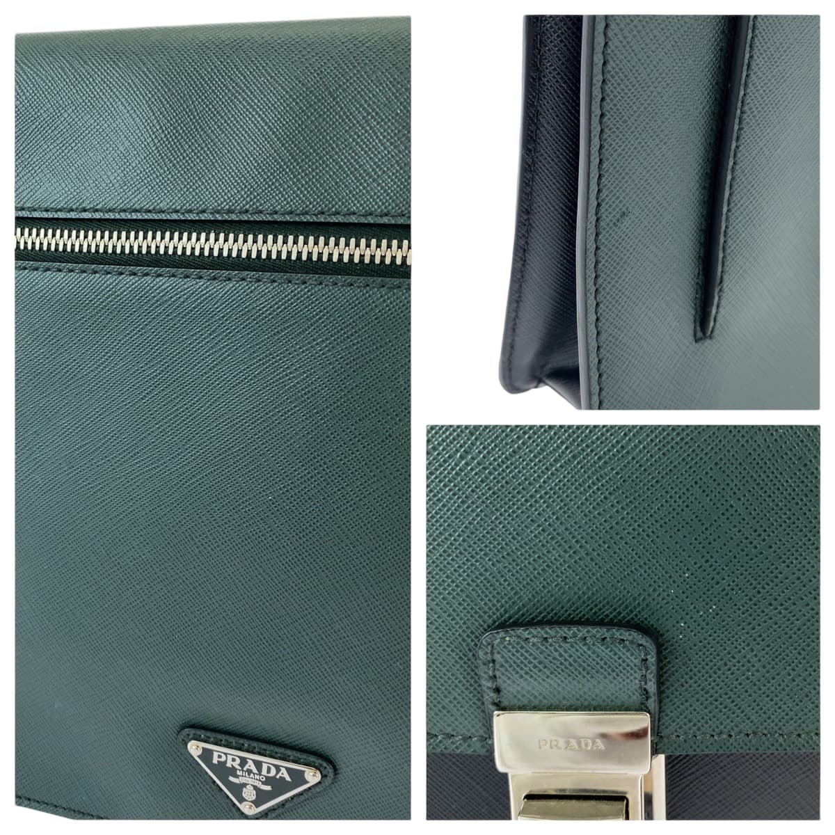 13304
PRADA プラダ サフィアーノ 三角ロゴプレート バイカラー グリーン ブラック シルバー金具 レザー VR089M クラッチバッグ ビジネスバッグ ドキュメントケース  メンズ