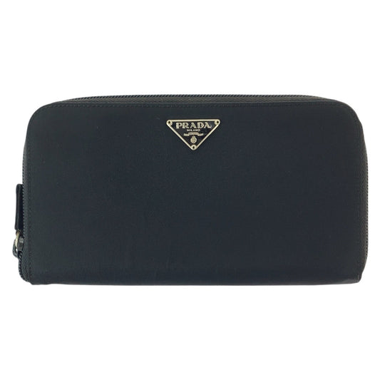 PRADA Tessuto Saffiano Triangle Logo Plate Black Silver Hardware Nylon/Leather Long Wallet Round Zipper Unisex Women's