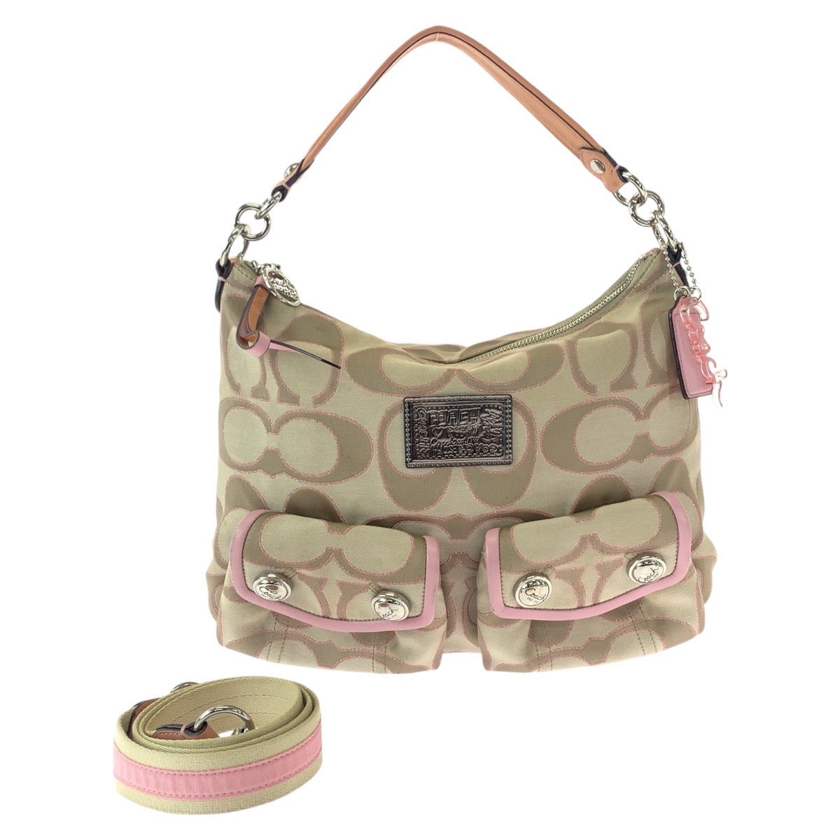 COACH コーチ ポピー シグネチャー ベージュ ピンク シルバー金具 キャンバス / レザー ショルダーバッグ メッセンジャーバッグ  レディース