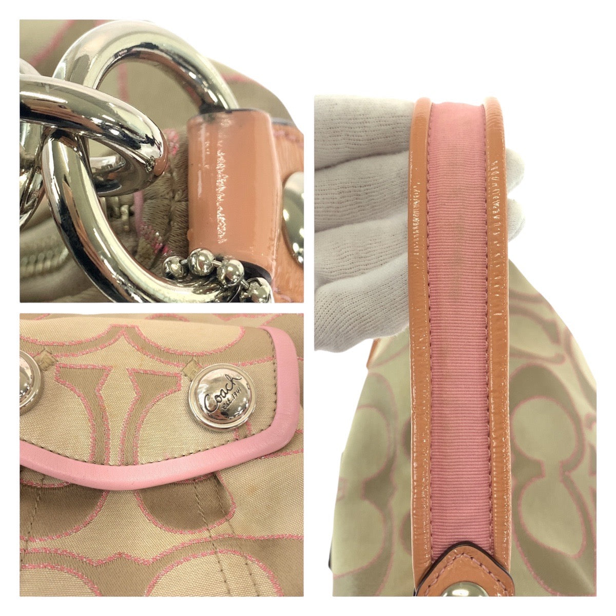 COACH コーチ ポピー シグネチャー ベージュ ピンク シルバー金具 キャンバス / レザー ショルダーバッグ メッセンジャーバッグ  レディース