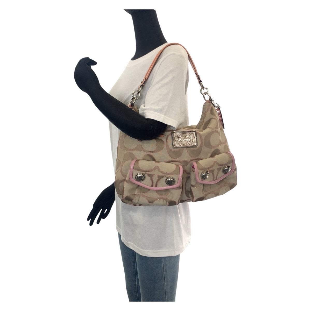 COACH コーチ ポピー シグネチャー ベージュ ピンク シルバー金具 キャンバス / レザー ショルダーバッグ メッセンジャーバッグ  レディース