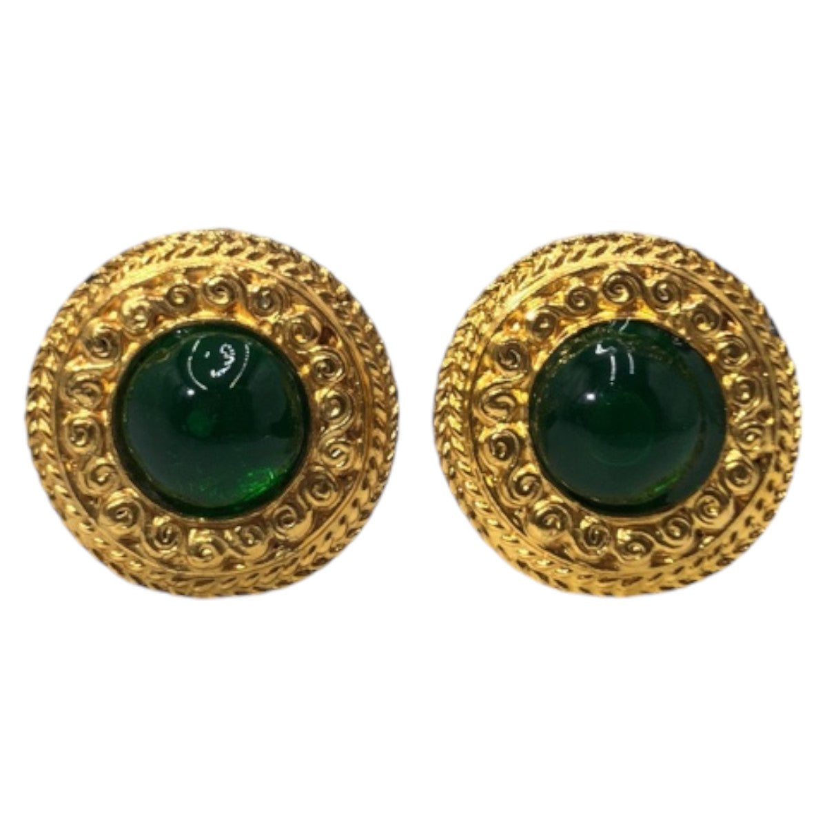 13315
 CHANEL Vintage Gripoix Gold Green Metal Earrings 2304 Engraved Women's