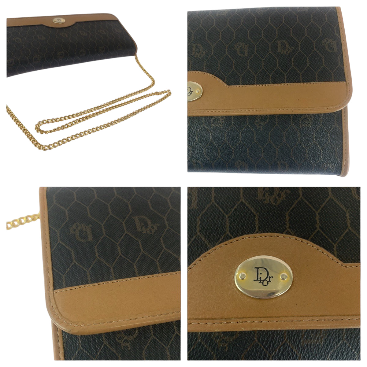 13324
Dior ディオール ハニカム柄 ブラウン ゴールド金具 PVC チェーンショルダーバッグ 斜め掛け ポシェット  レディース
