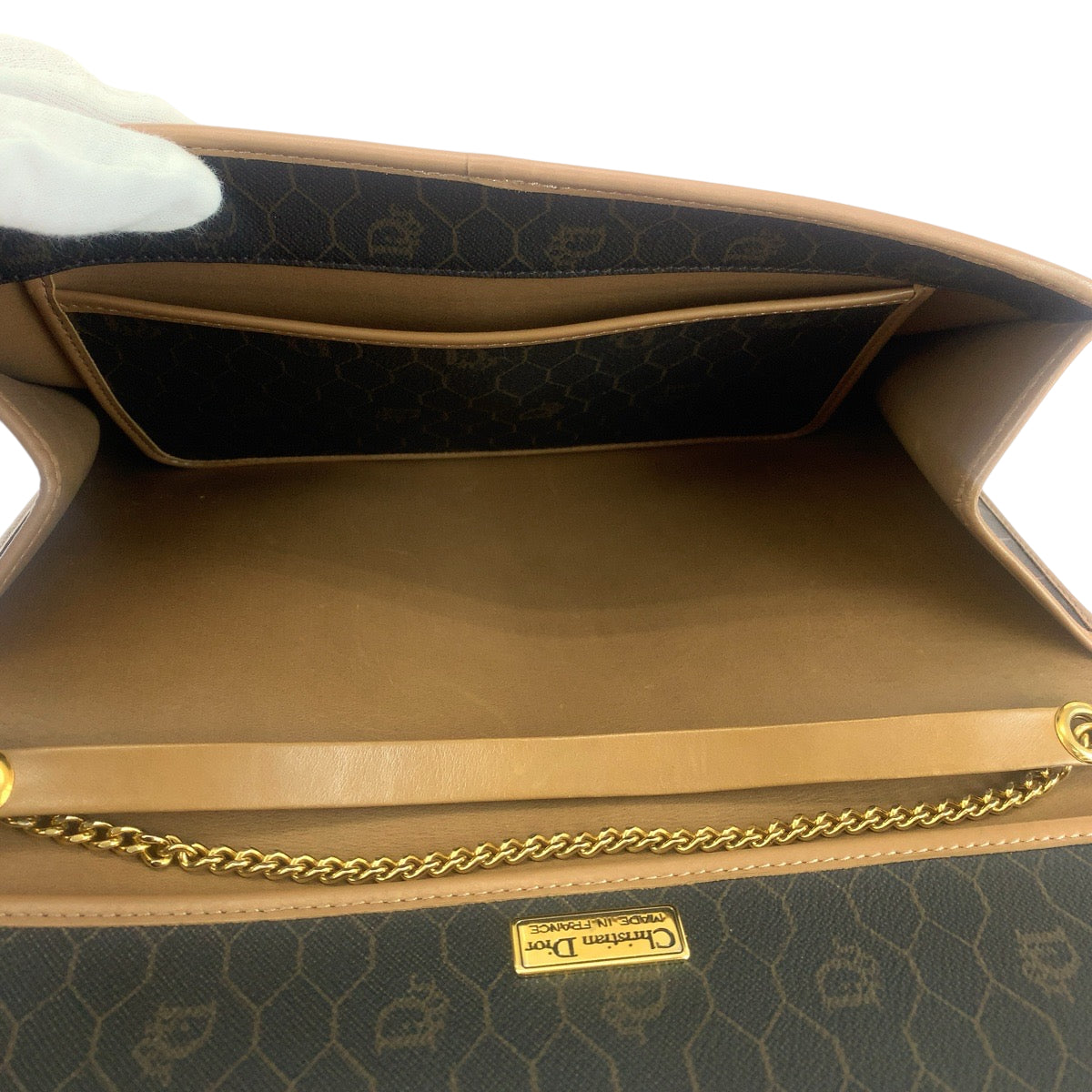 13324
Dior ディオール ハニカム柄 ブラウン ゴールド金具 PVC チェーンショルダーバッグ 斜め掛け ポシェット  レディース