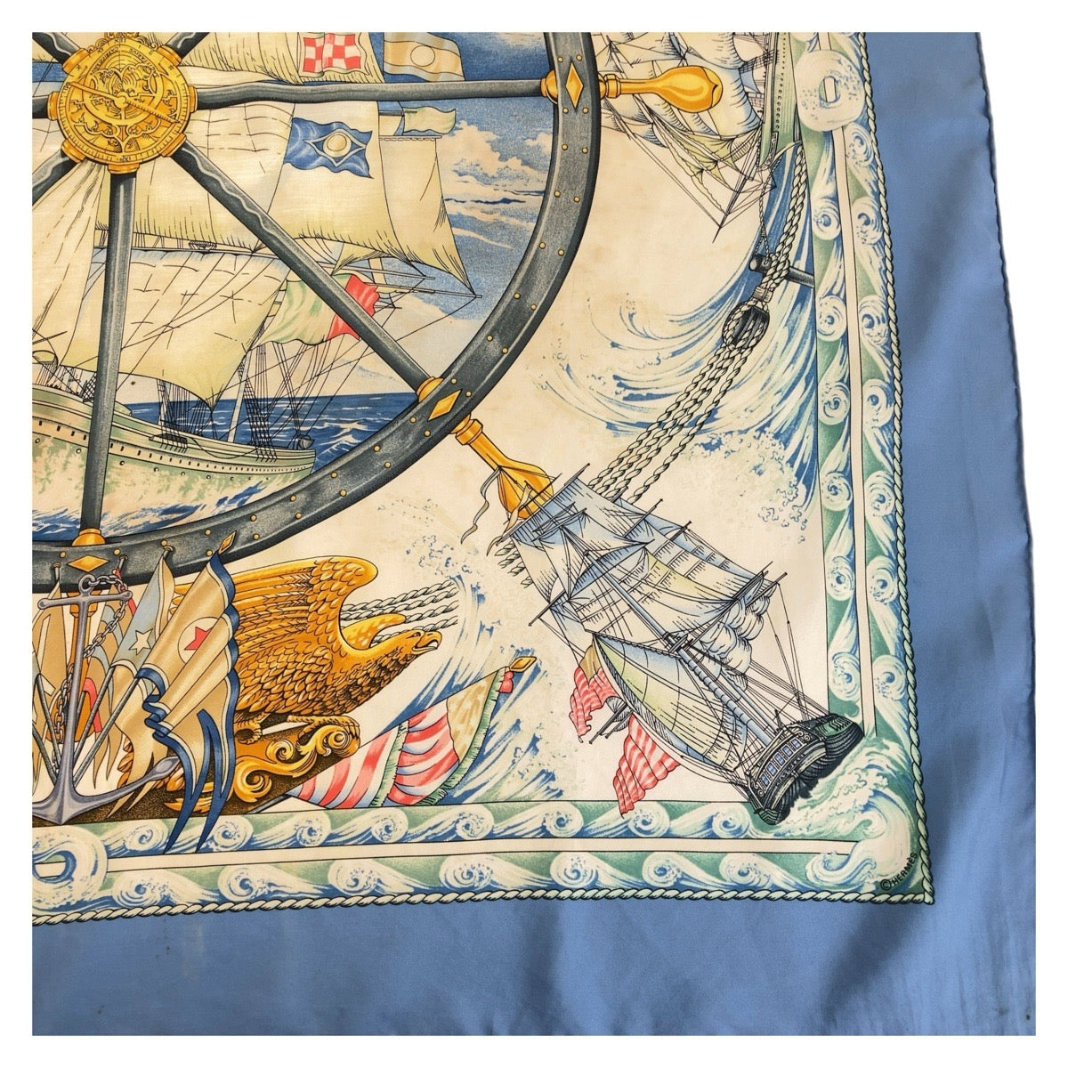 13328
HERMES エルメス カレ90 Vive le vent ブルー マルチカラー シルク スカーフ  レディース