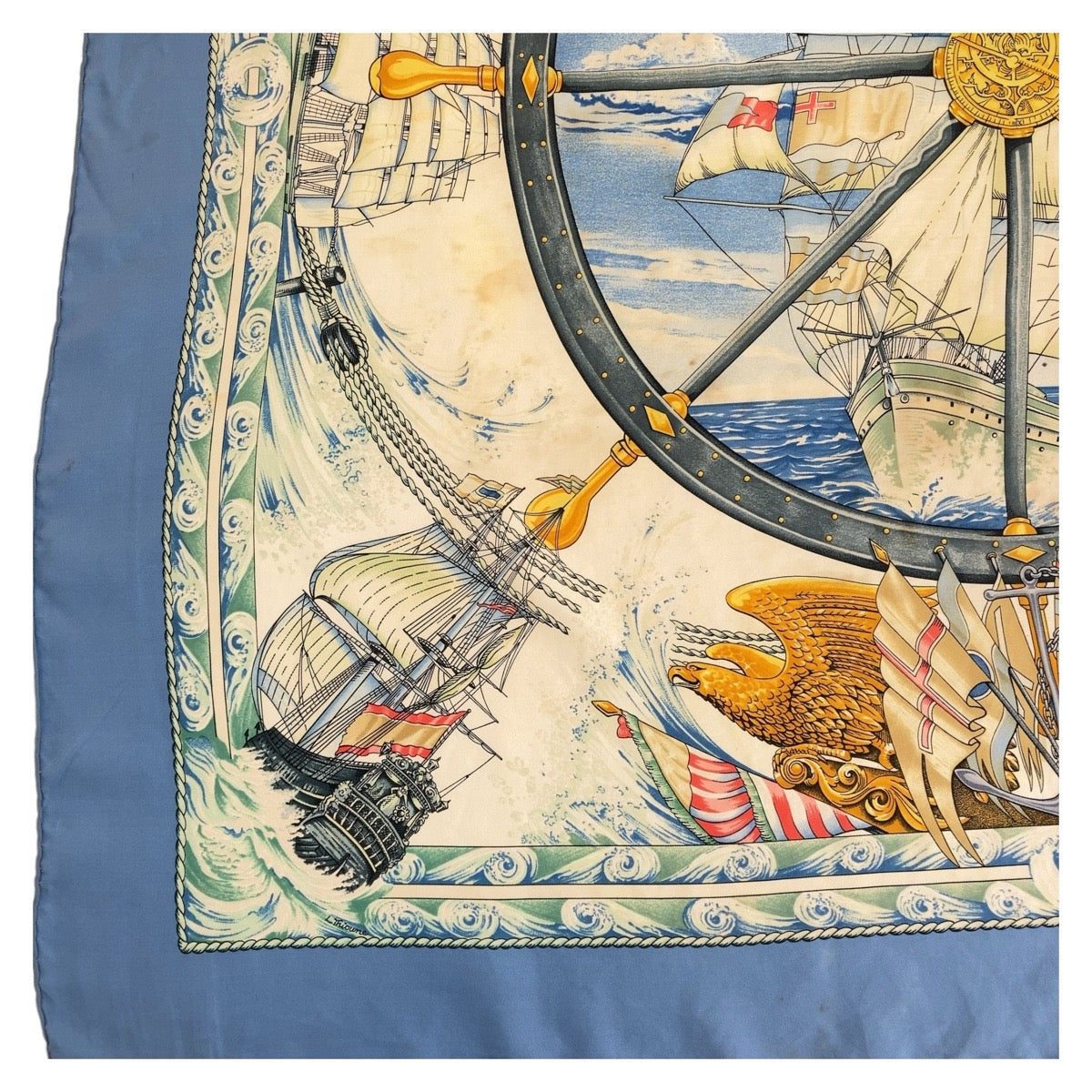 13328
HERMES エルメス カレ90 Vive le vent ブルー マルチカラー シルク スカーフ  レディース
