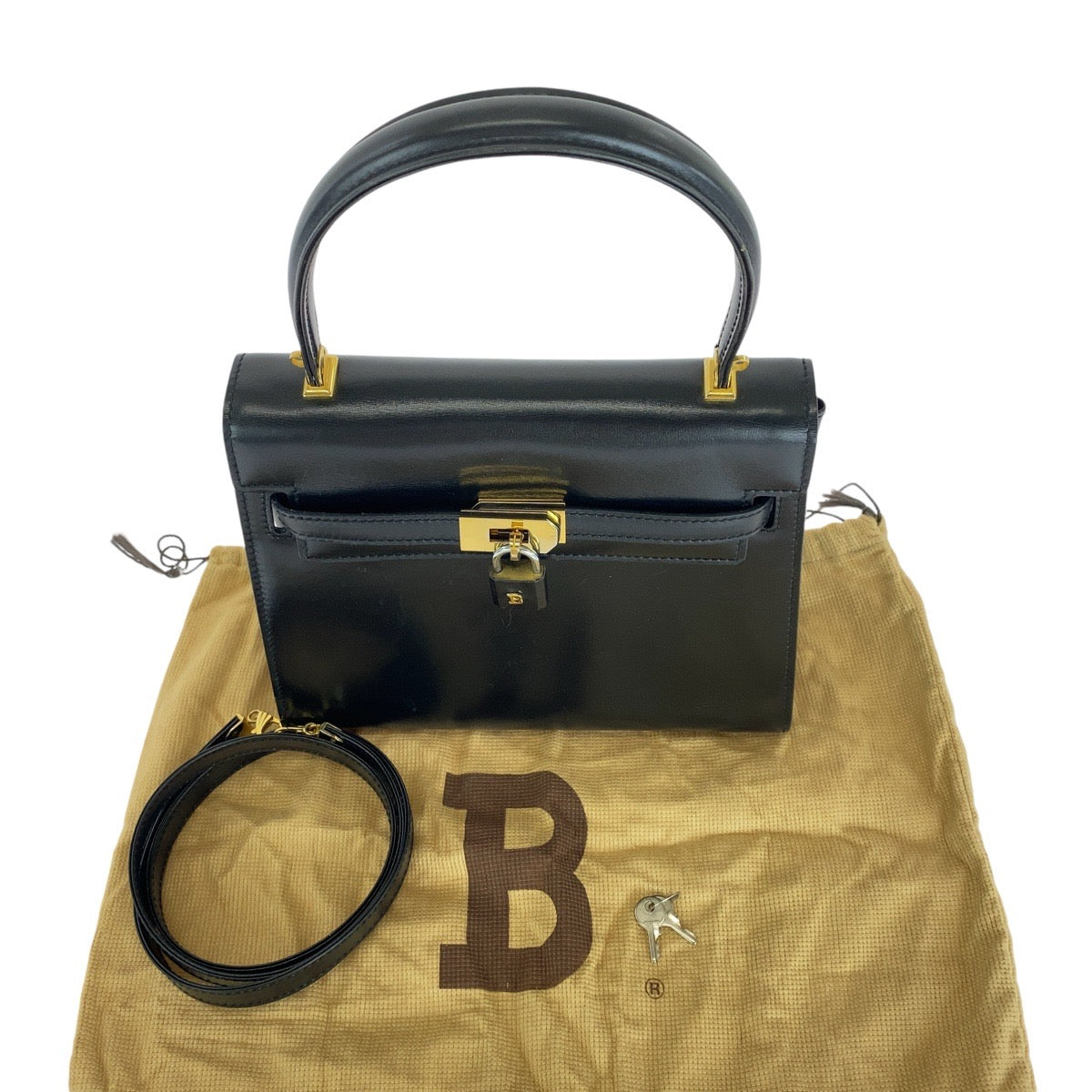 BALLY バリー ヴィンテージ ケリー型 ブラック 黒 ゴールド金具 レザー ハンドバッグ ショルダーバッグ 2way  レディース
