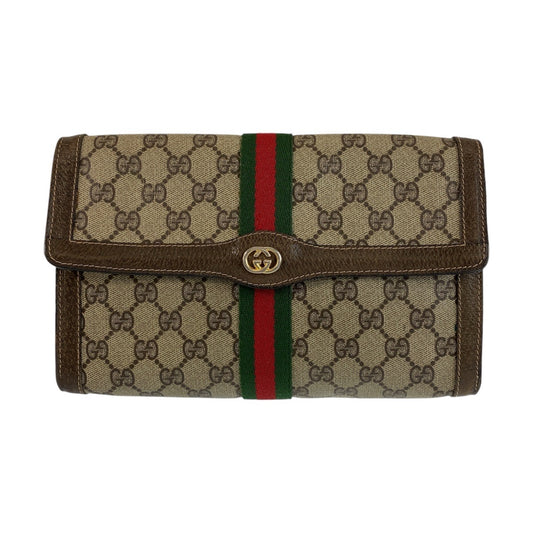 GUCCI グッチ ヴィンテージ シェリーライン オールドグッチ ブラウン ベージュ ゴールド金具 GGキャンバス / レザー 390184183 クラッチバッグ  レディース