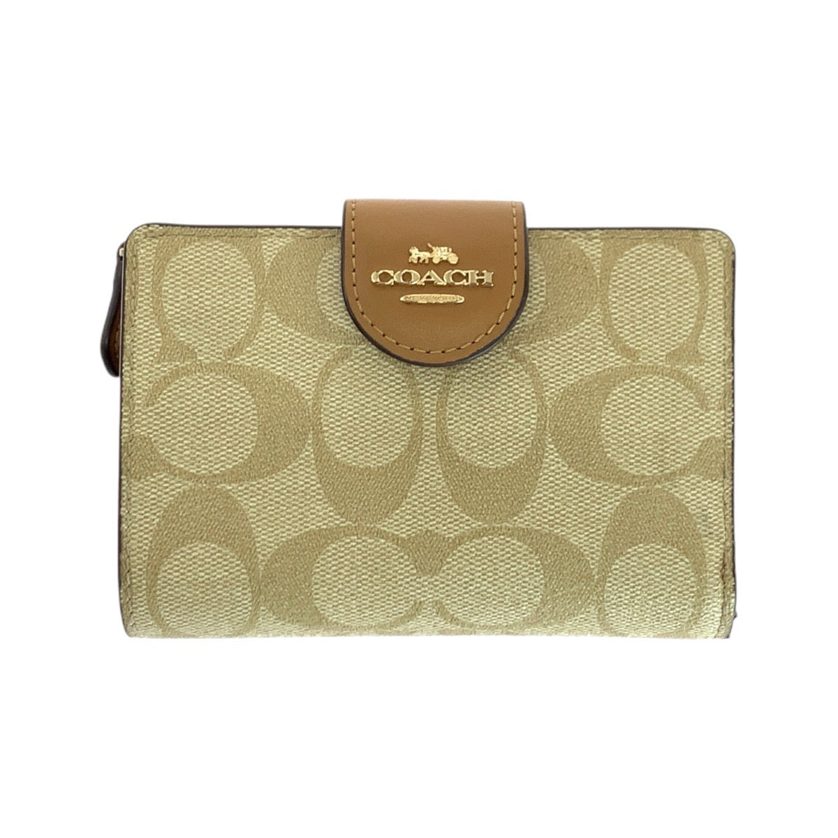 14076
COACH コーチ シグネチャー ベージュ ブラウン ゴールド金具 レザー 折り財布 コンパクトウォレット  レディース A5