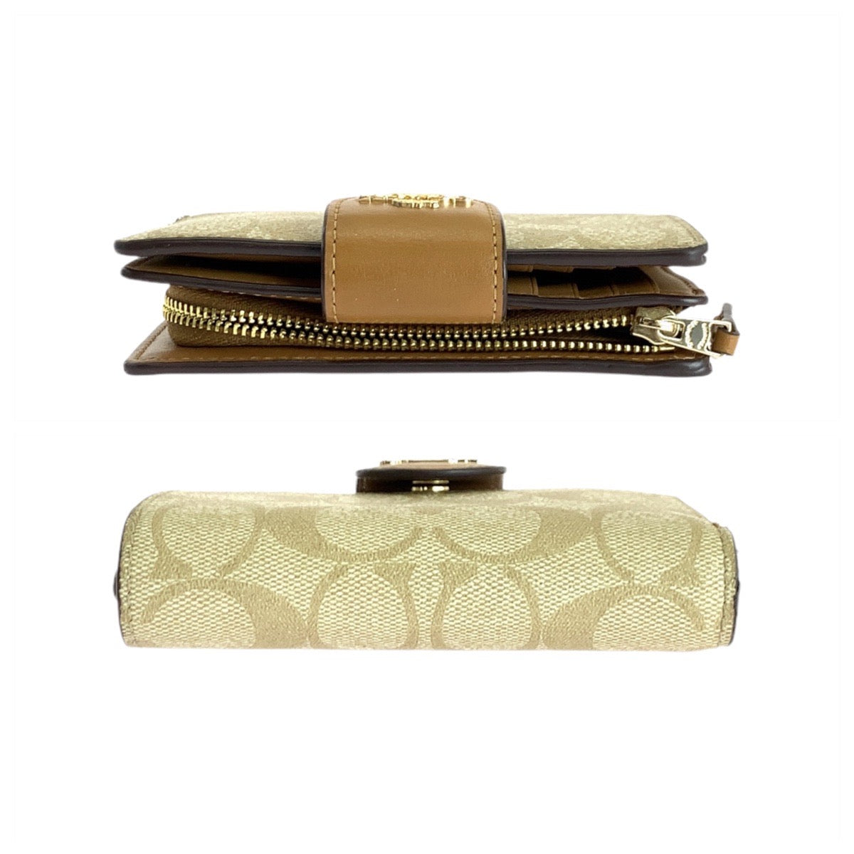 14076
COACH コーチ シグネチャー ベージュ ブラウン ゴールド金具 レザー 折り財布 コンパクトウォレット  レディース A5