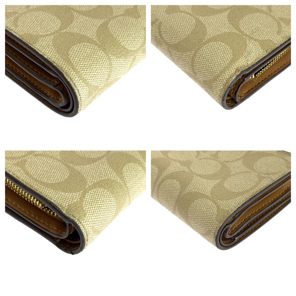 14076
COACH コーチ シグネチャー ベージュ ブラウン ゴールド金具 レザー 折り財布 コンパクトウォレット  レディース A5