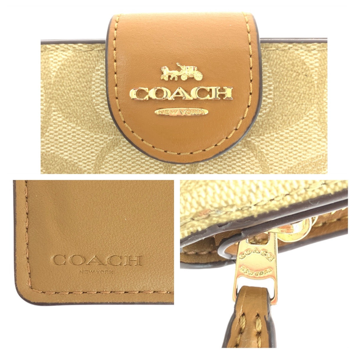 14076
COACH コーチ シグネチャー ベージュ ブラウン ゴールド金具 レザー 折り財布 コンパクトウォレット  レディース A5