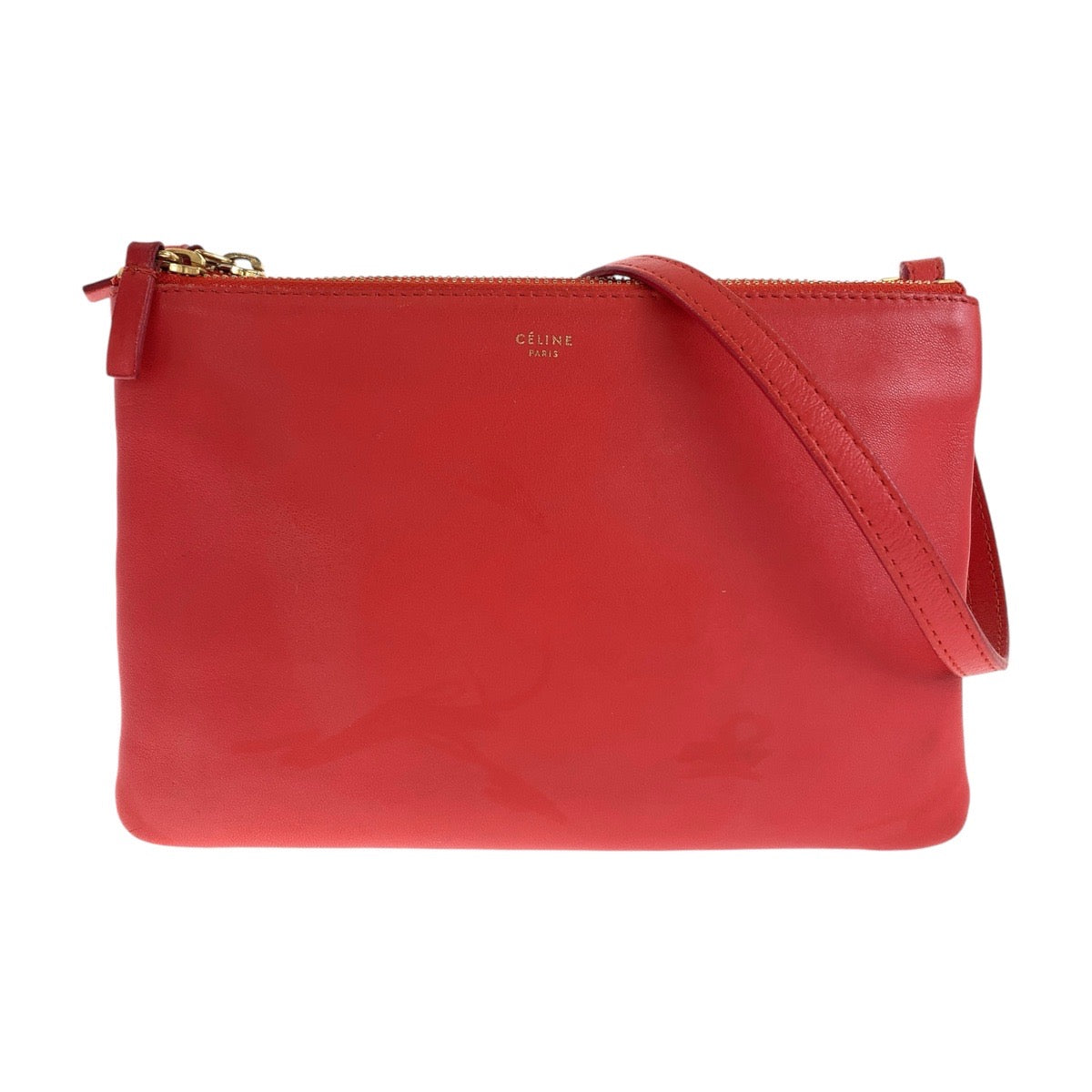 13352
CELINE セリーヌ トリオ スモール レッド ゴールド金具 レザー 斜め掛け ショルダーバッグ ポシェット  レディース
