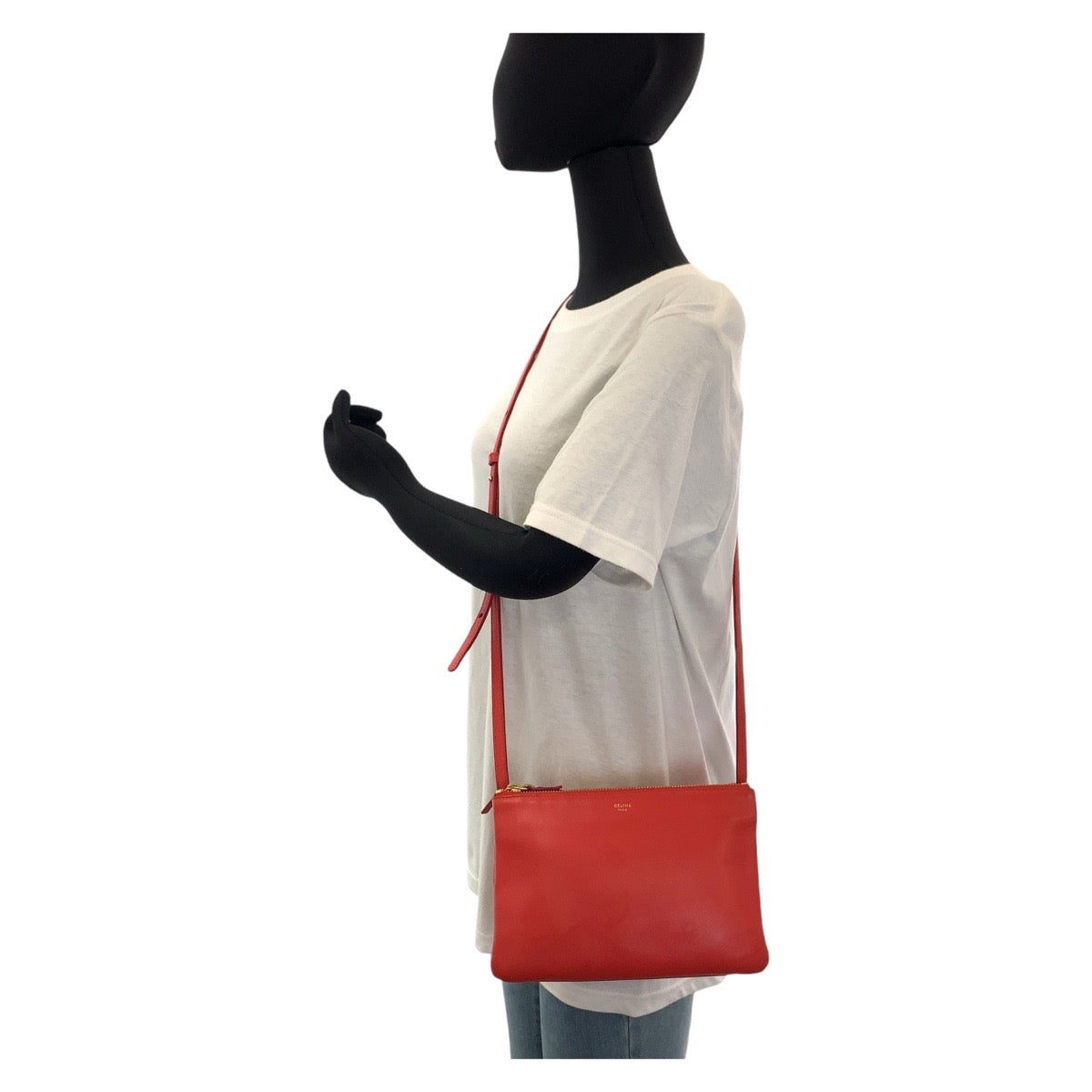 13352
CELINE セリーヌ トリオ スモール レッド ゴールド金具 レザー 斜め掛け ショルダーバッグ ポシェット  レディース