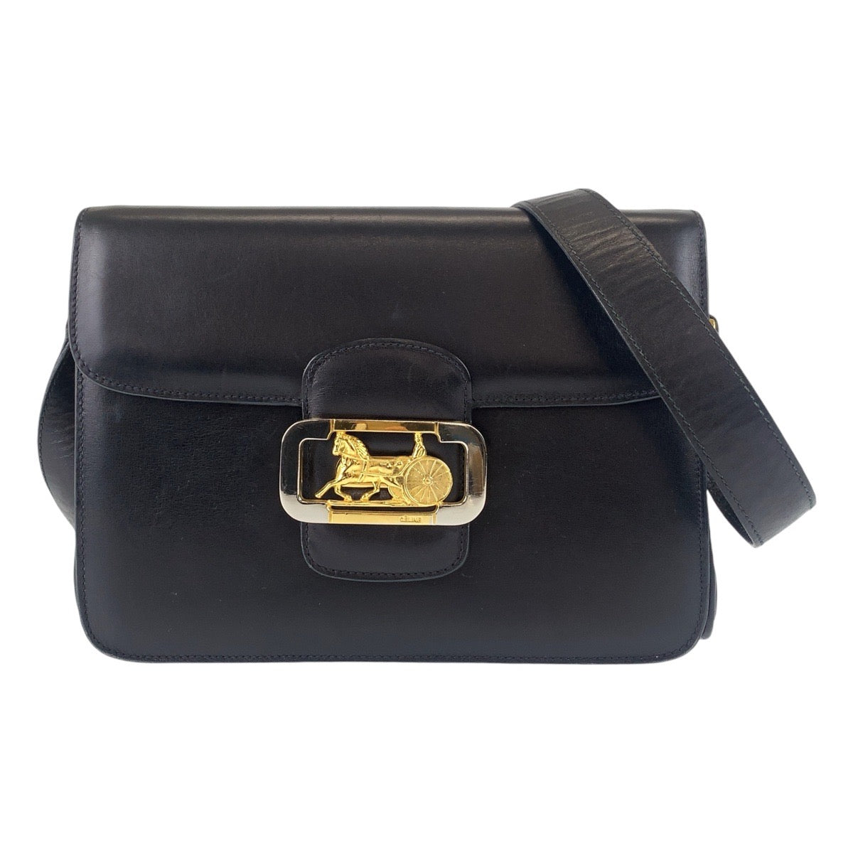 13354
CELINE セリーヌ ヴィンテージ ホースキャリッジ 馬車金具 ブラック 黒 ゴールド金具 レザー 斜め掛け ショルダーバッグ メッセンジャーバッグ  レディース