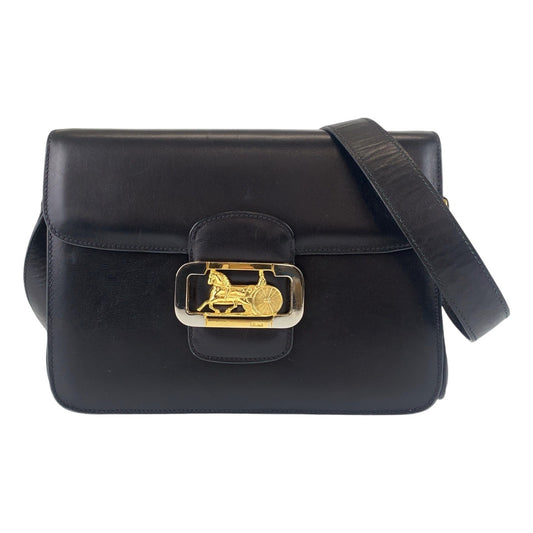 13354
CELINE セリーヌ ヴィンテージ ホースキャリッジ 馬車金具 ブラック 黒 ゴールド金具 レザー 斜め掛け ショルダーバッグ メッセンジャーバッグ  レディース