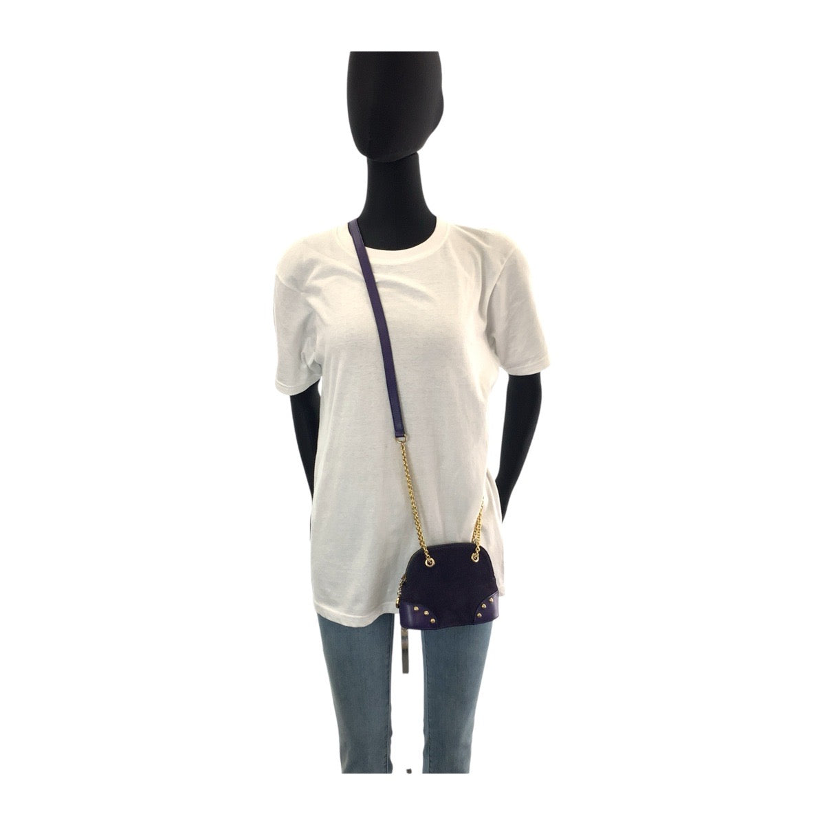 13355
CELINE セリーヌ ヴィンテージ サークルロゴ スタッズ パープル ヴァイオレット 紫色 ゴールド金具 スウェード / レザー 斜め掛け ミニショルダーバッグ ポシェット  レディース