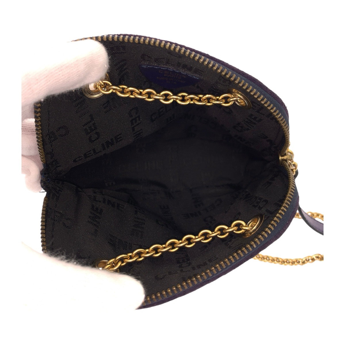 13355
CELINE セリーヌ ヴィンテージ サークルロゴ スタッズ パープル ヴァイオレット 紫色 ゴールド金具 スウェード / レザー 斜め掛け ミニショルダーバッグ ポシェット  レディース