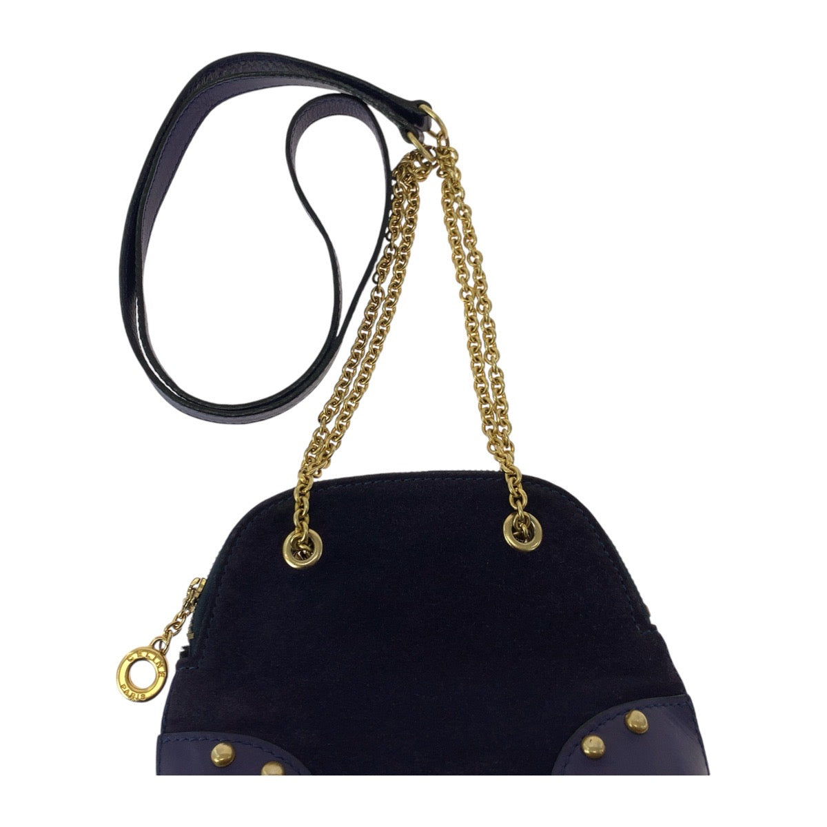 13355
CELINE セリーヌ ヴィンテージ サークルロゴ スタッズ パープル ヴァイオレット 紫色 ゴールド金具 スウェード / レザー 斜め掛け ミニショルダーバッグ ポシェット  レディース