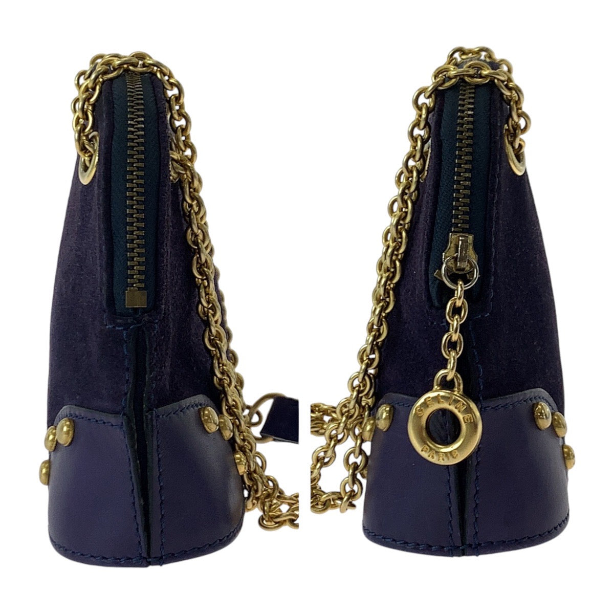 13355
CELINE セリーヌ ヴィンテージ サークルロゴ スタッズ パープル ヴァイオレット 紫色 ゴールド金具 スウェード / レザー 斜め掛け ミニショルダーバッグ ポシェット  レディース