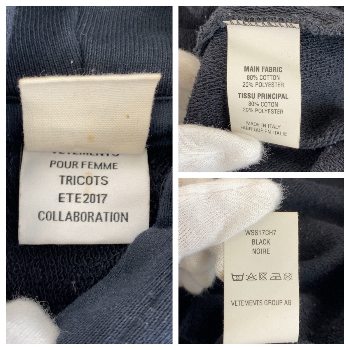 13363
VETEMENTS ヴェトモン チャンピオンコラボ カットオフ パネル ロゴテープ サイズXS ブラック 黒 レッド ブルー コットン WSS17CH7 パーカー フーディー  メンズ