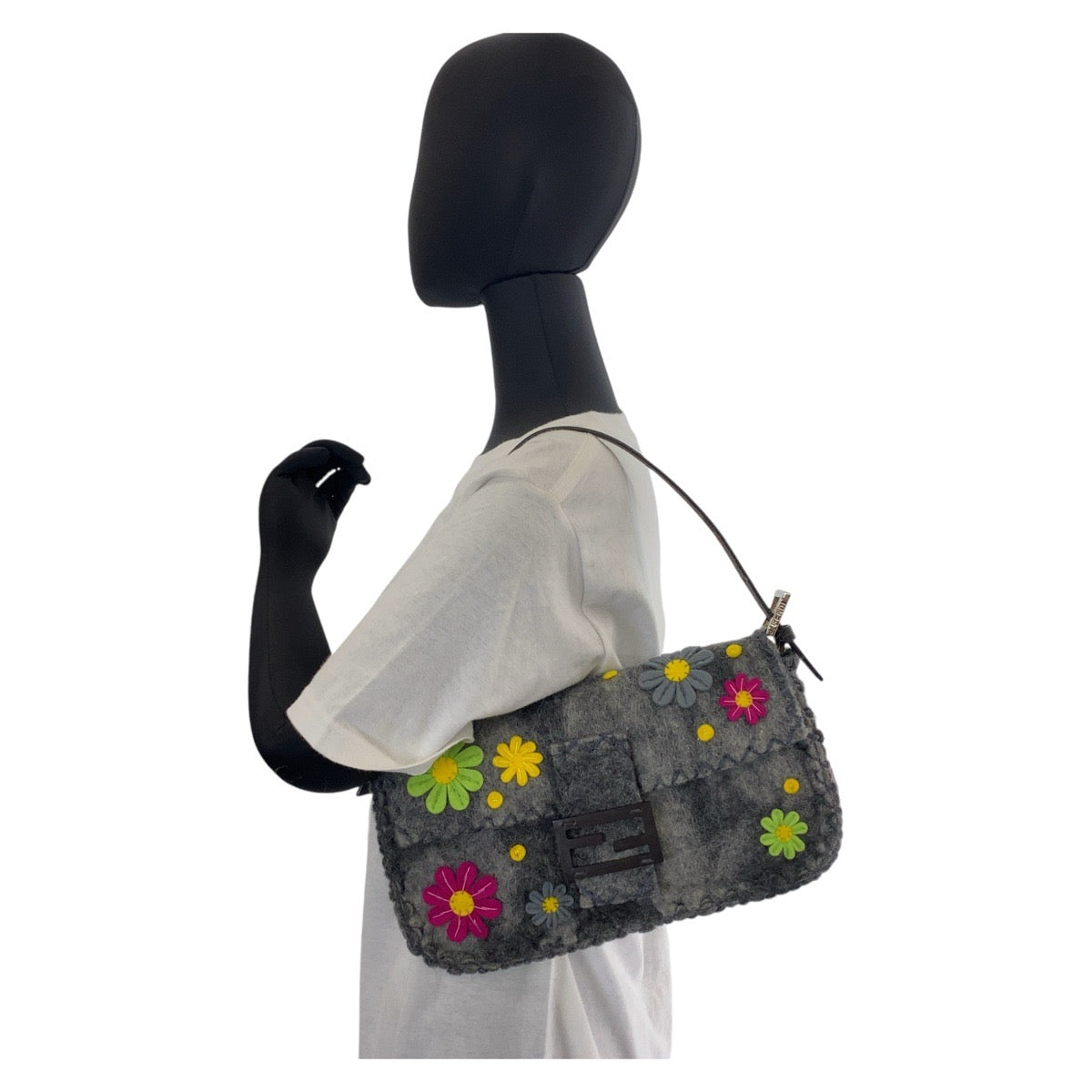 FENDI フェンディ ヴィンテージ マンマバゲット グレー シルバー金具 フェルト / レザー ショルダーバッグ ハンドバッグ  レディース