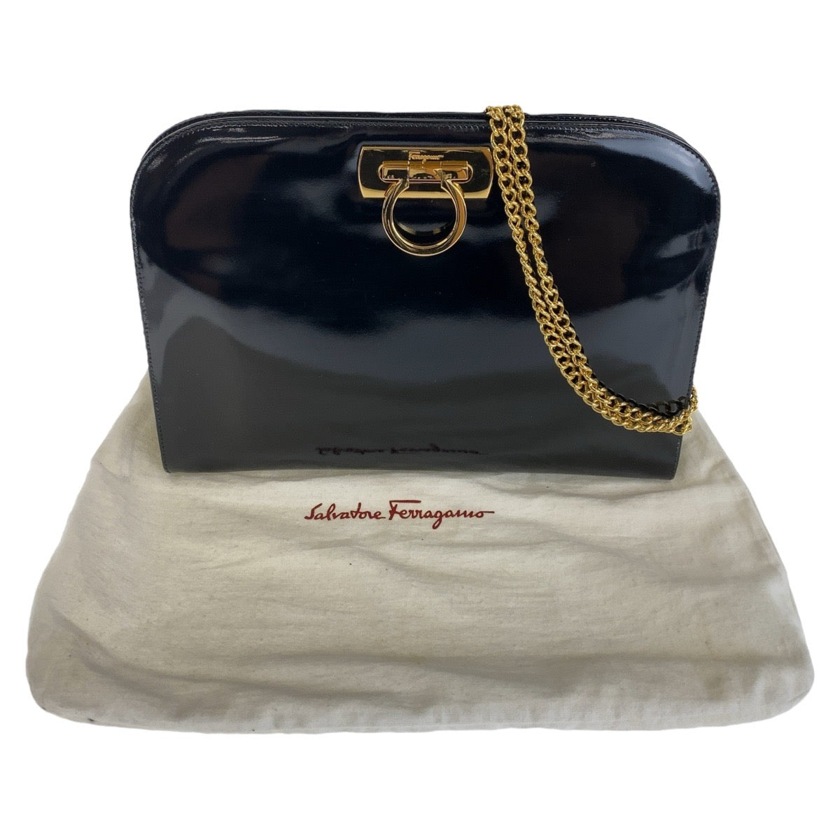 13370
Salvatore Ferragamo サルヴァトーレフェラガモ ヴィンテージ ガンチーニ ブラック 黒 ゴールド金具 パテントレザー ショルダーバッグ クラッチバッグ  レディース