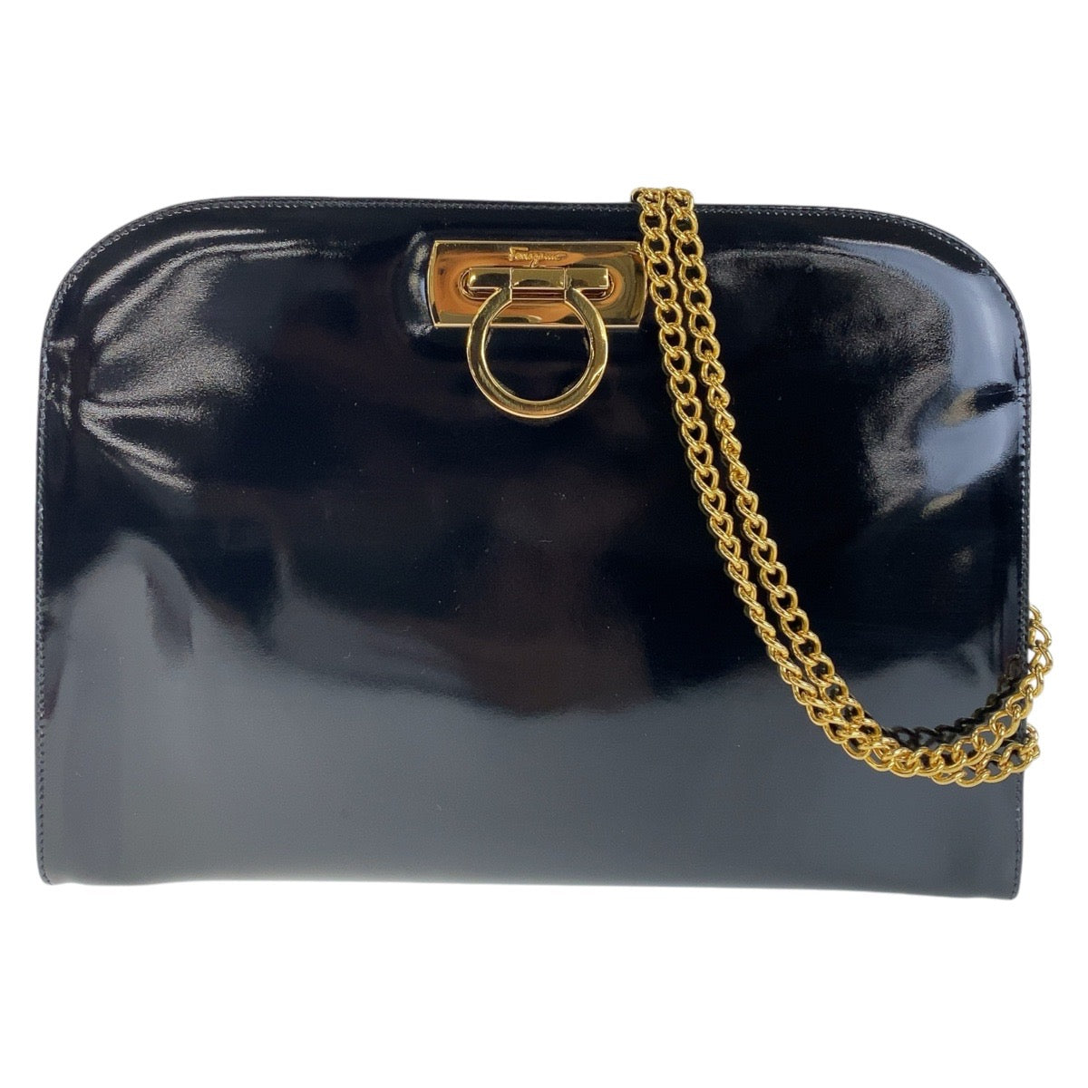 13370
Salvatore Ferragamo サルヴァトーレフェラガモ ヴィンテージ ガンチーニ ブラック 黒 ゴールド金具 パテントレザー ショルダーバッグ クラッチバッグ  レディース