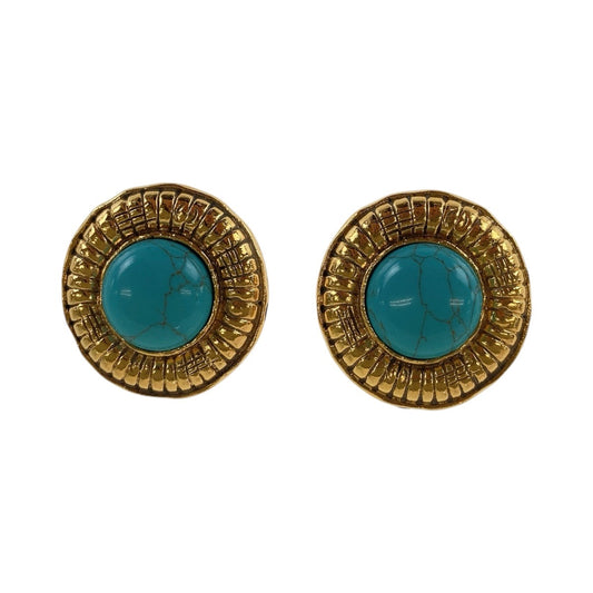 13382
 CHANEL Vintage Blue Turquoise Gold Hardware Metal/Natural Stone Earrings for Women