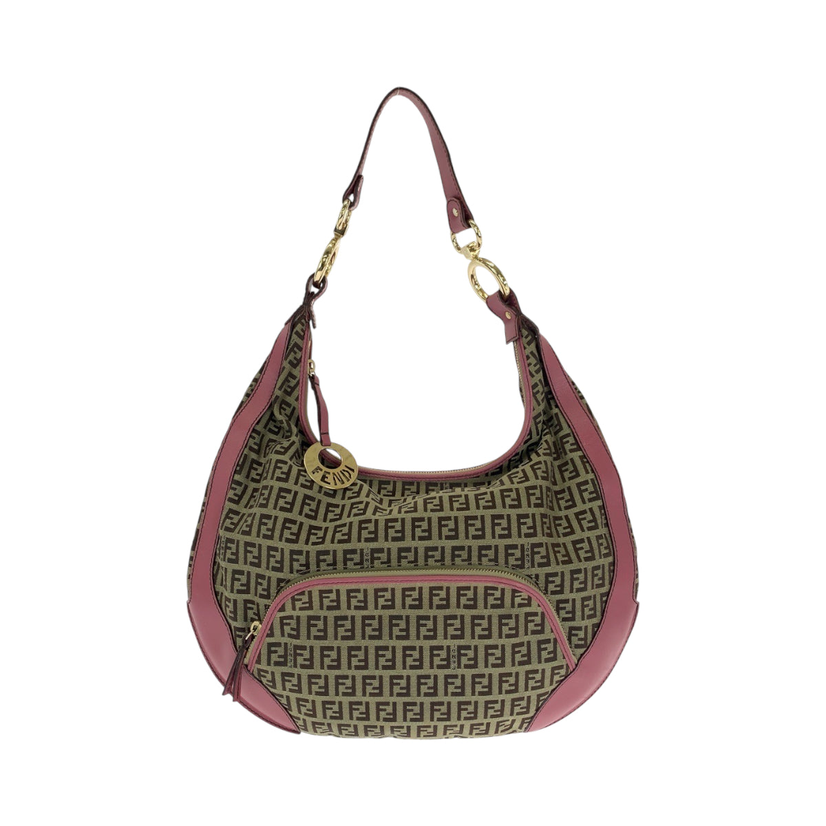 13385
FENDI フェンディ ズッキーノ シェフ ホーボー ブラウン ピンク ゴールド金具 キャンバス ショルダーバッグ  レディース