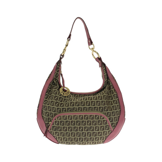 13385
FENDI フェンディ ズッキーノ シェフ ホーボー ブラウン ピンク ゴールド金具 キャンバス ショルダーバッグ  レディース