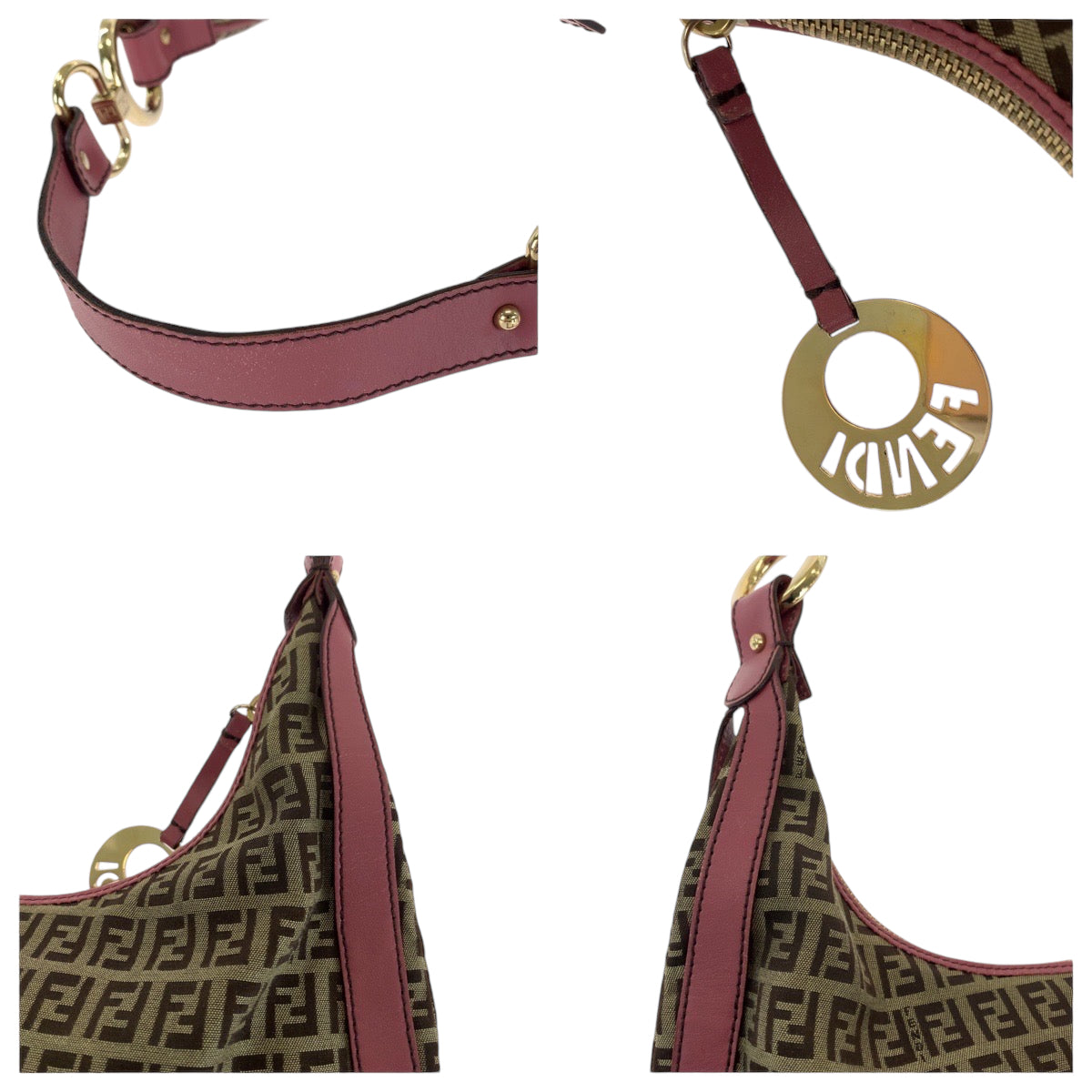 13385
FENDI フェンディ ズッキーノ シェフ ホーボー ブラウン ピンク ゴールド金具 キャンバス ショルダーバッグ  レディース