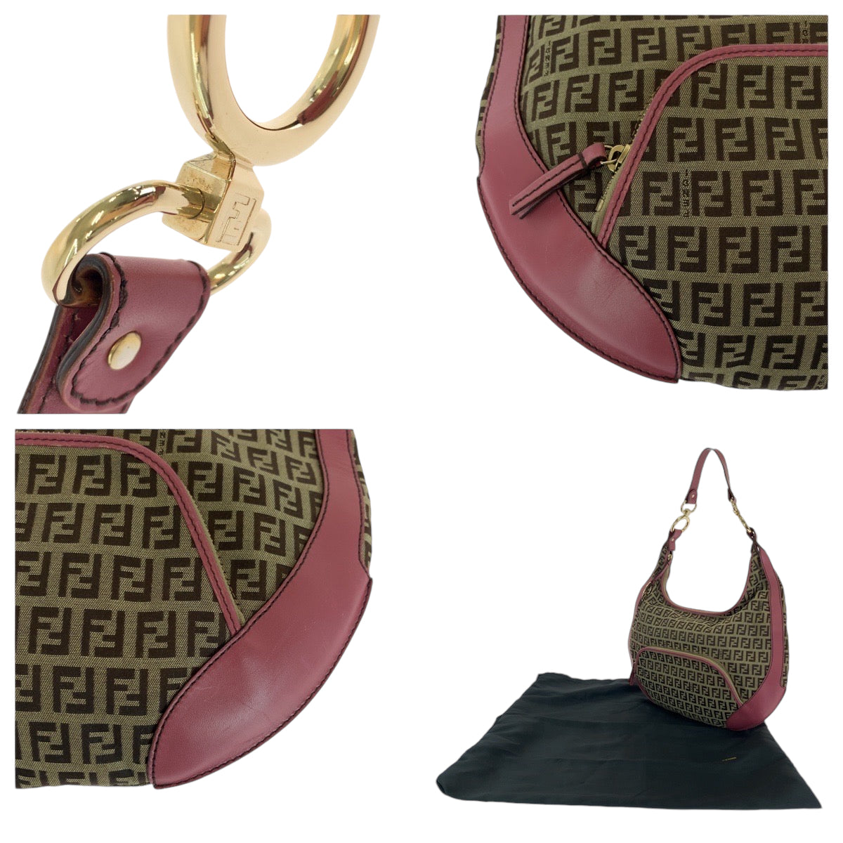 13385
FENDI フェンディ ズッキーノ シェフ ホーボー ブラウン ピンク ゴールド金具 キャンバス ショルダーバッグ  レディース