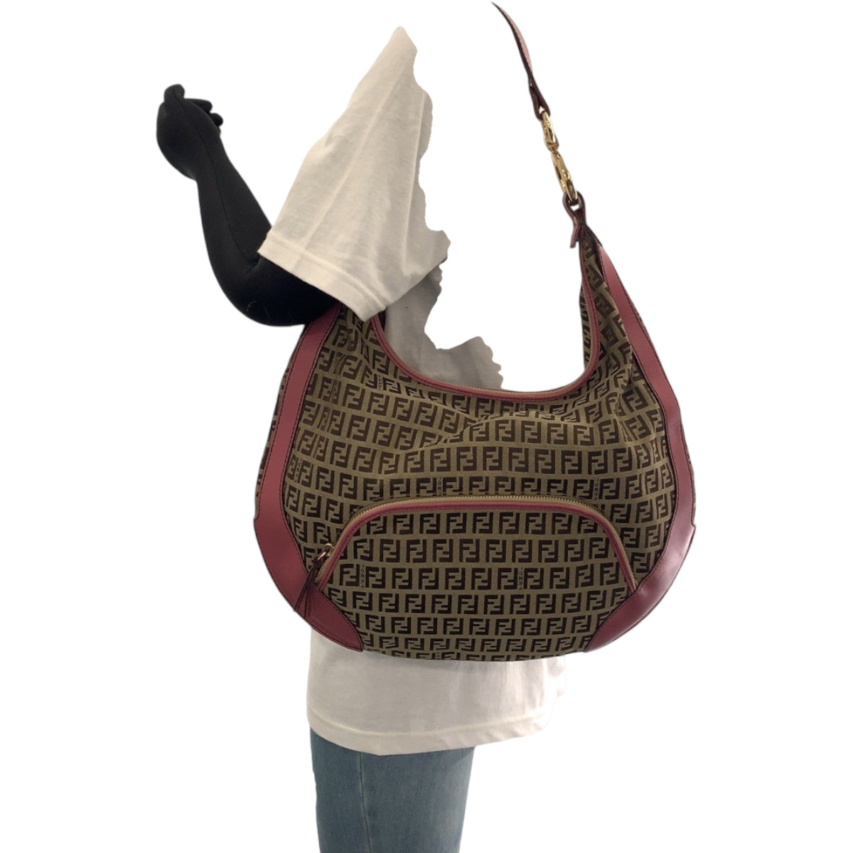 13385
FENDI フェンディ ズッキーノ シェフ ホーボー ブラウン ピンク ゴールド金具 キャンバス ショルダーバッグ  レディース