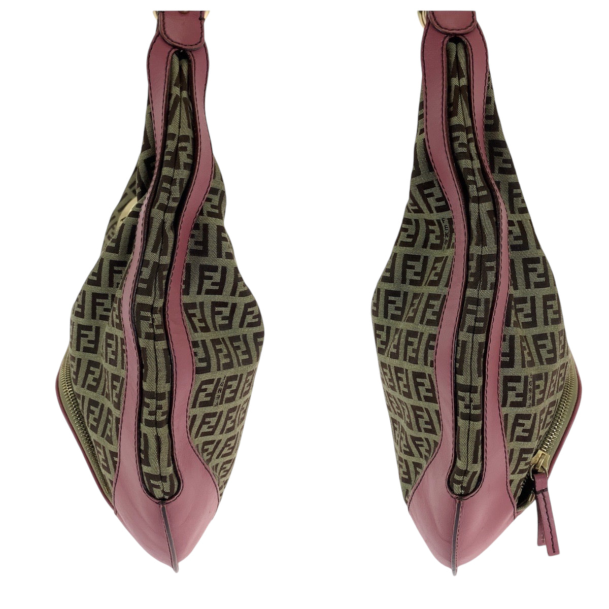 13385
FENDI フェンディ ズッキーノ シェフ ホーボー ブラウン ピンク ゴールド金具 キャンバス ショルダーバッグ  レディース