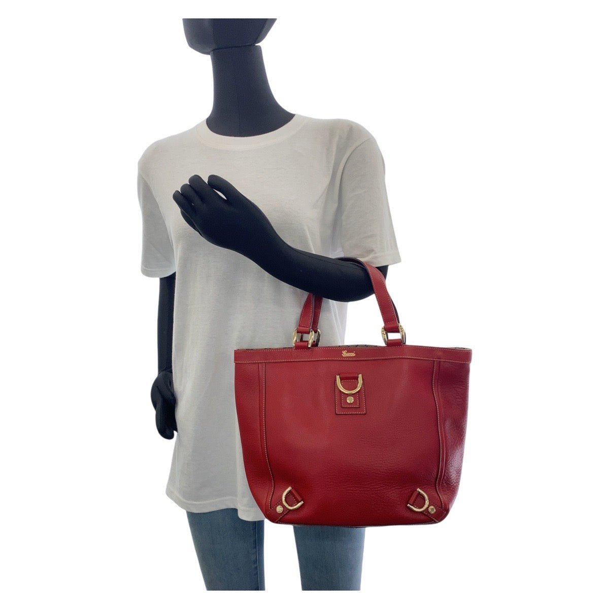 13390
GUCCI グッチ アビー レッド ゴールド金具 レザー / GGキャンバス 130739 トートバッグ ハンドバッグ  レディース