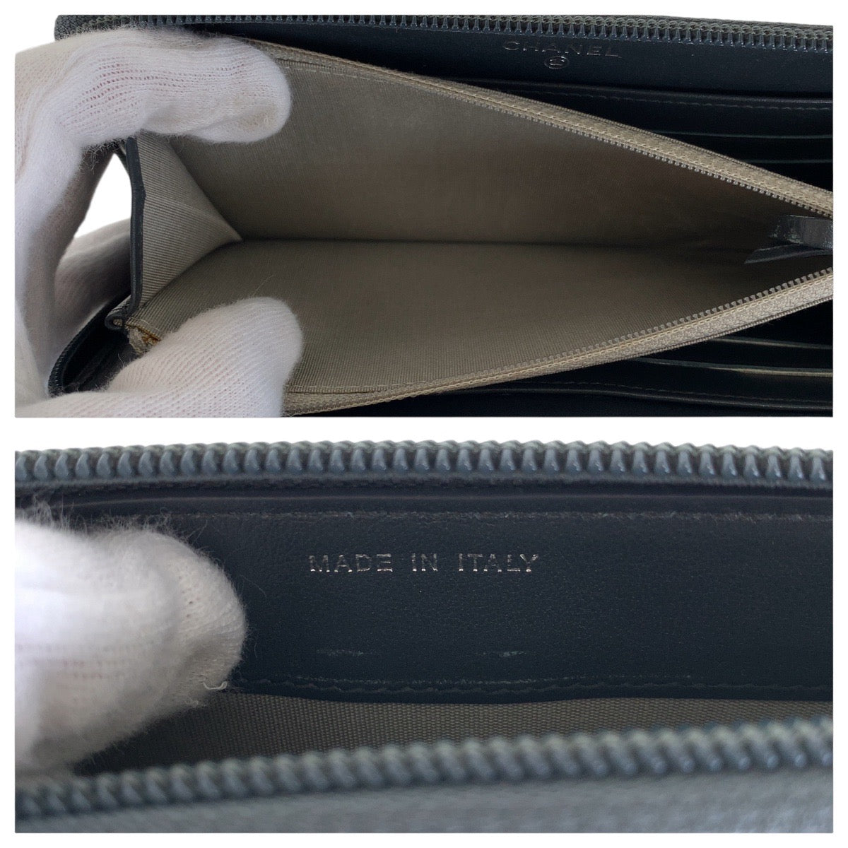 13392
CHANEL シャネル ボーイシャネル グレー メタリック ガンメタ金具 エナメル 長財布 ラウンドファスナー  レディース