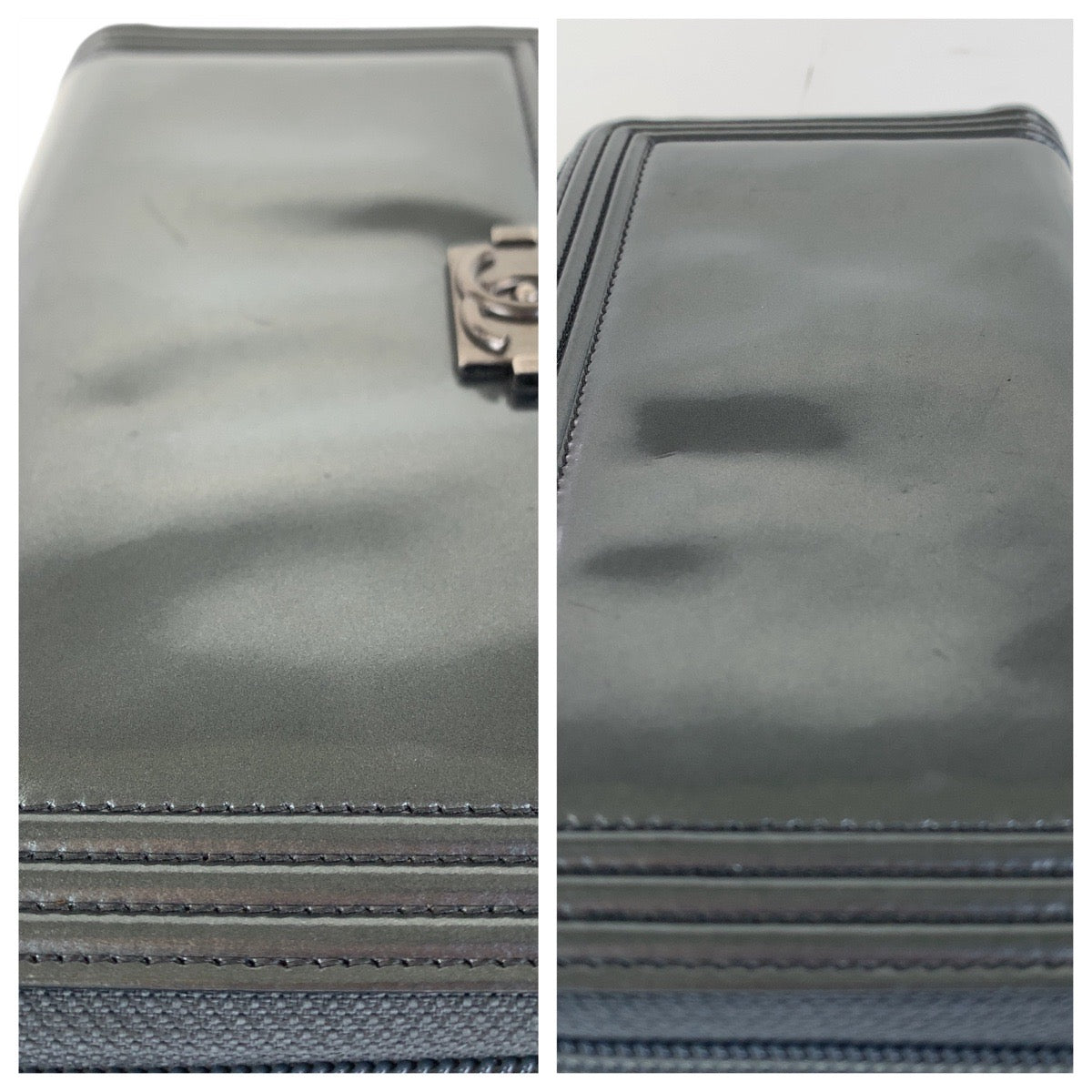 13392
CHANEL シャネル ボーイシャネル グレー メタリック ガンメタ金具 エナメル 長財布 ラウンドファスナー  レディース