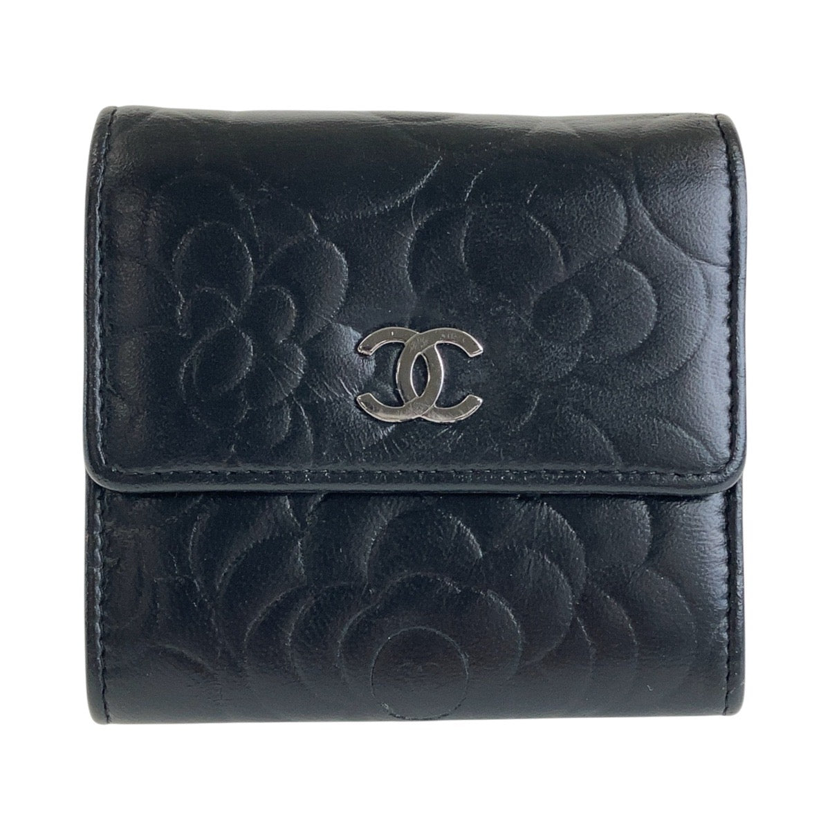 13398
 CHANEL Vintage Camellia Black Silver Hardware Lambskin Folding Wallet Compact Wallet for Women