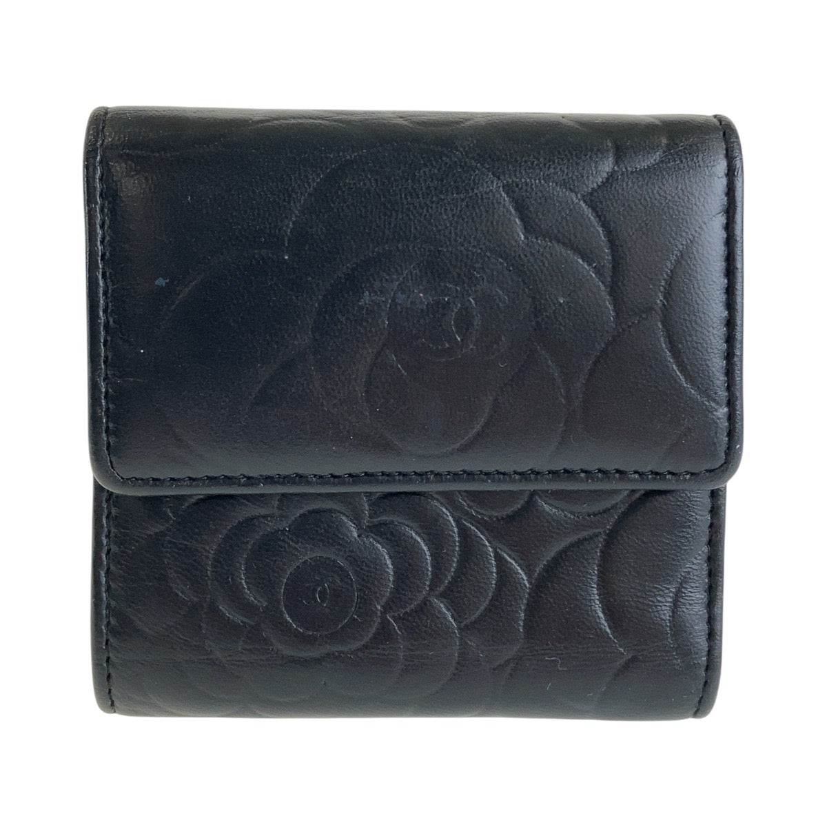 13398
 CHANEL Vintage Camellia Black Silver Hardware Lambskin Folding Wallet Compact Wallet for Women