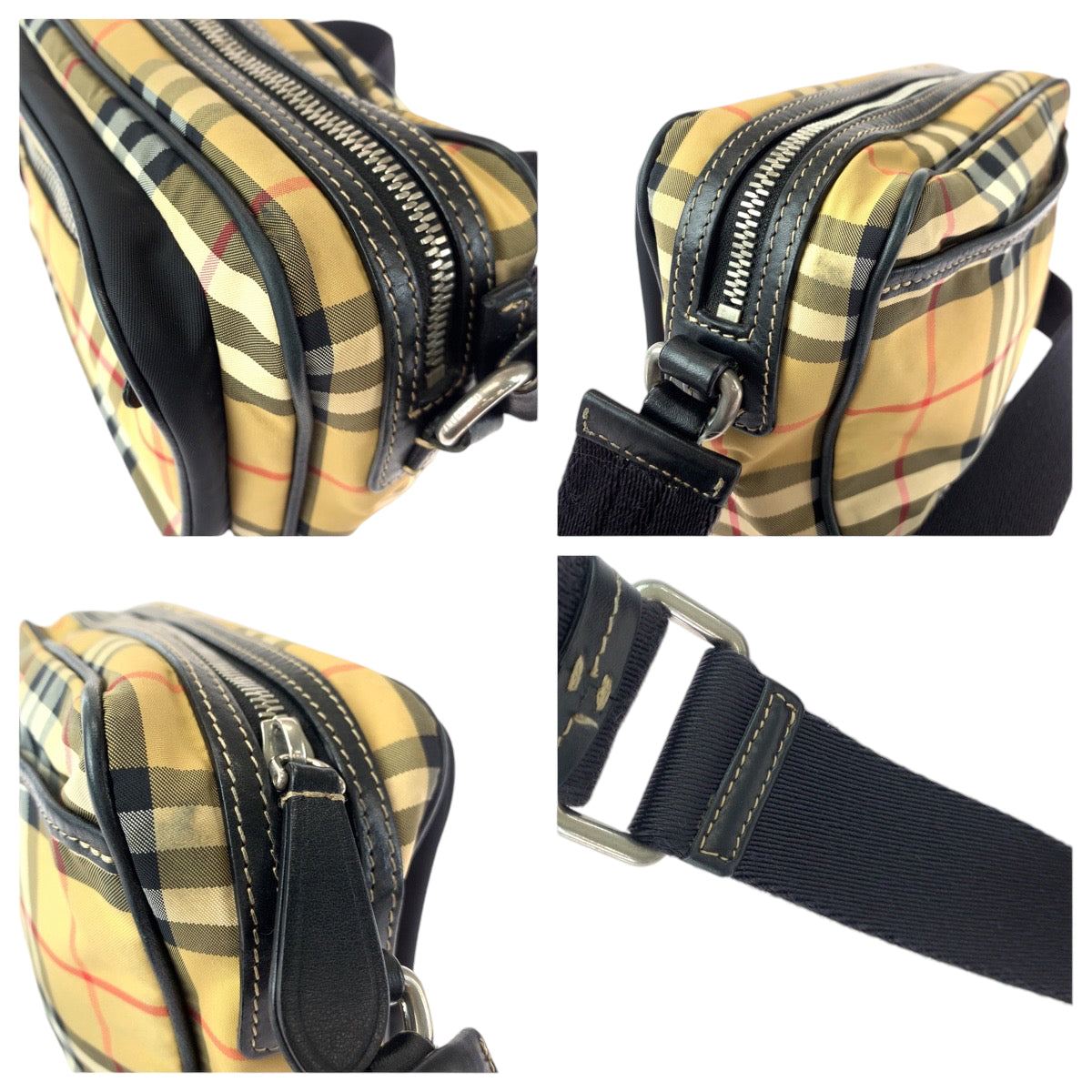 13402
BURBERRY バーバリー チェック柄 男女兼用 ブラウン ブラック シルバー金具 ナイロン ショルダーバッグ ポシェット  メンズ