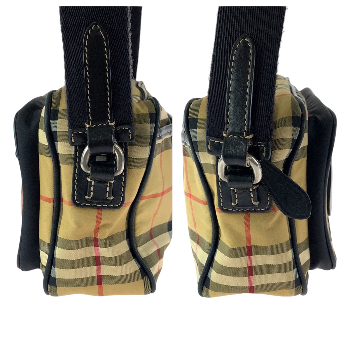 13402
BURBERRY バーバリー チェック柄 男女兼用 ブラウン ブラック シルバー金具 ナイロン ショルダーバッグ ポシェット  メンズ
