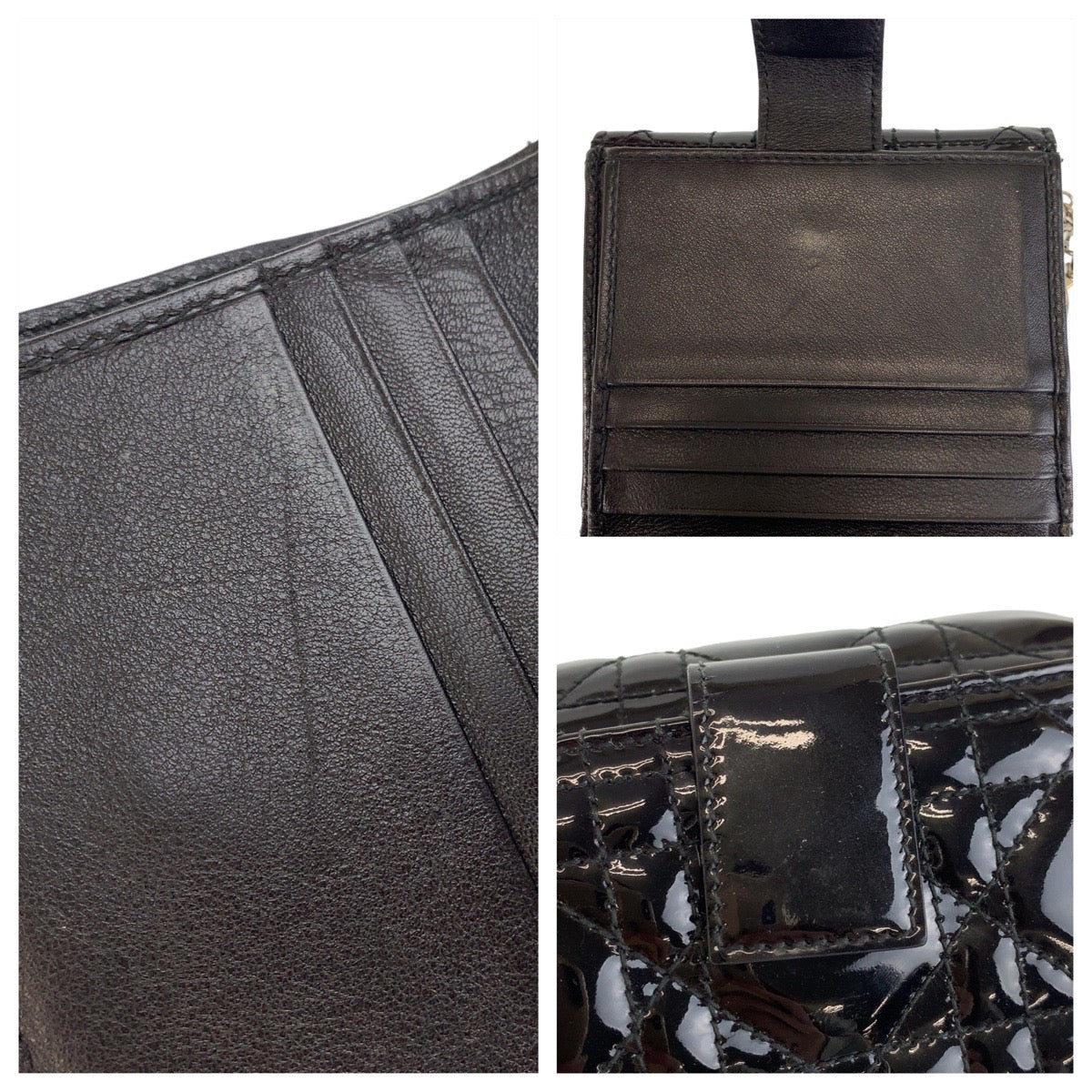 112834
Dior ディオール カナージュ ブラック 黒 シルバー金具 パテントレザー 折財布 コンパクトウォレット  レディース