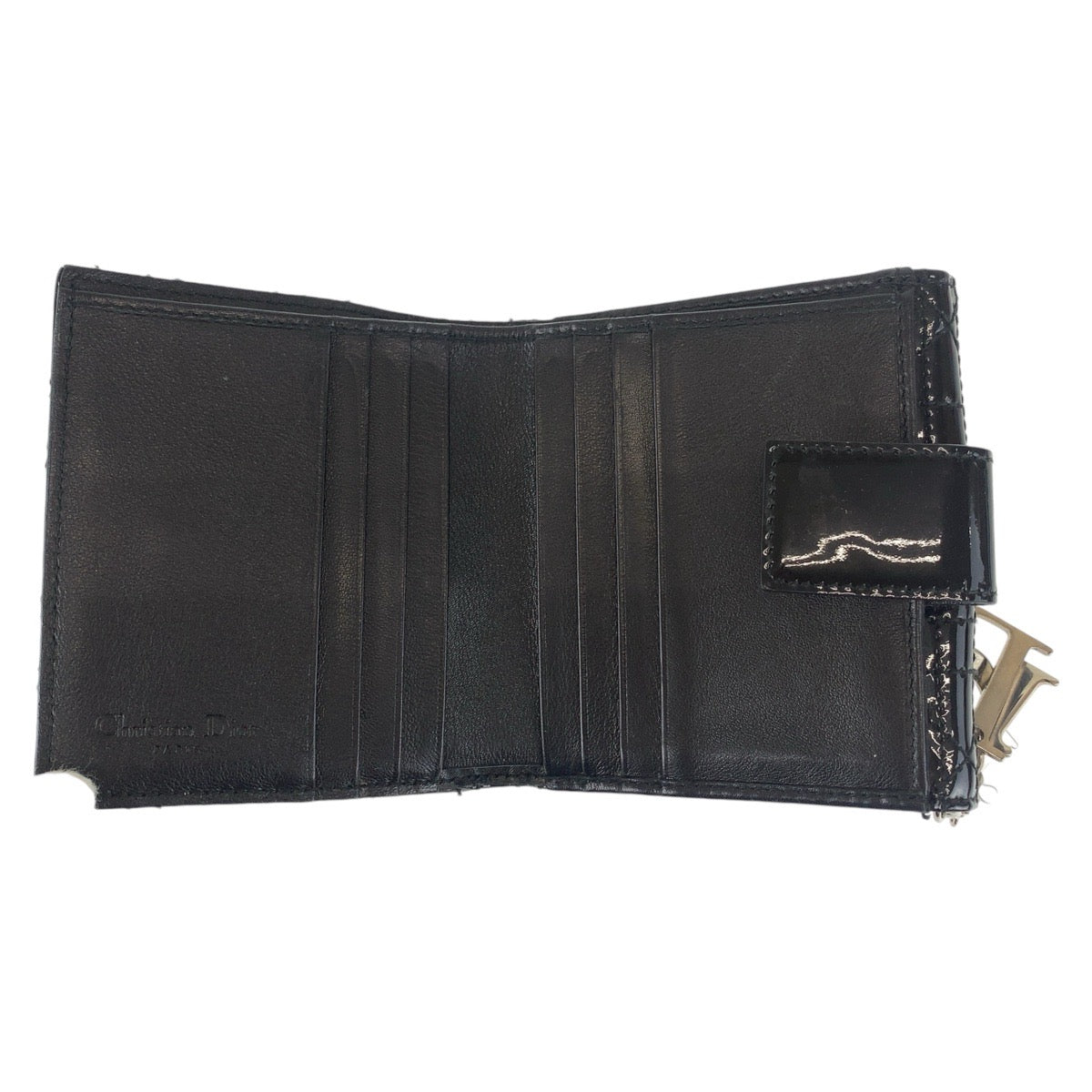 112834
Dior ディオール カナージュ ブラック 黒 シルバー金具 パテントレザー 折財布 コンパクトウォレット  レディース
