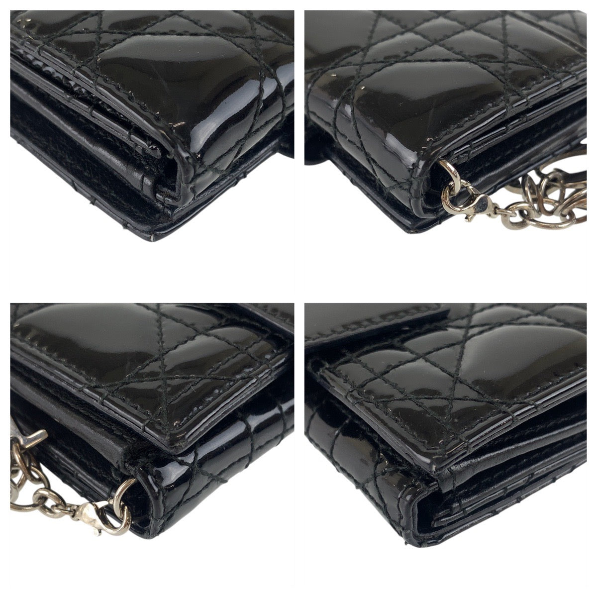 112834
Dior ディオール カナージュ ブラック 黒 シルバー金具 パテントレザー 折財布 コンパクトウォレット  レディース