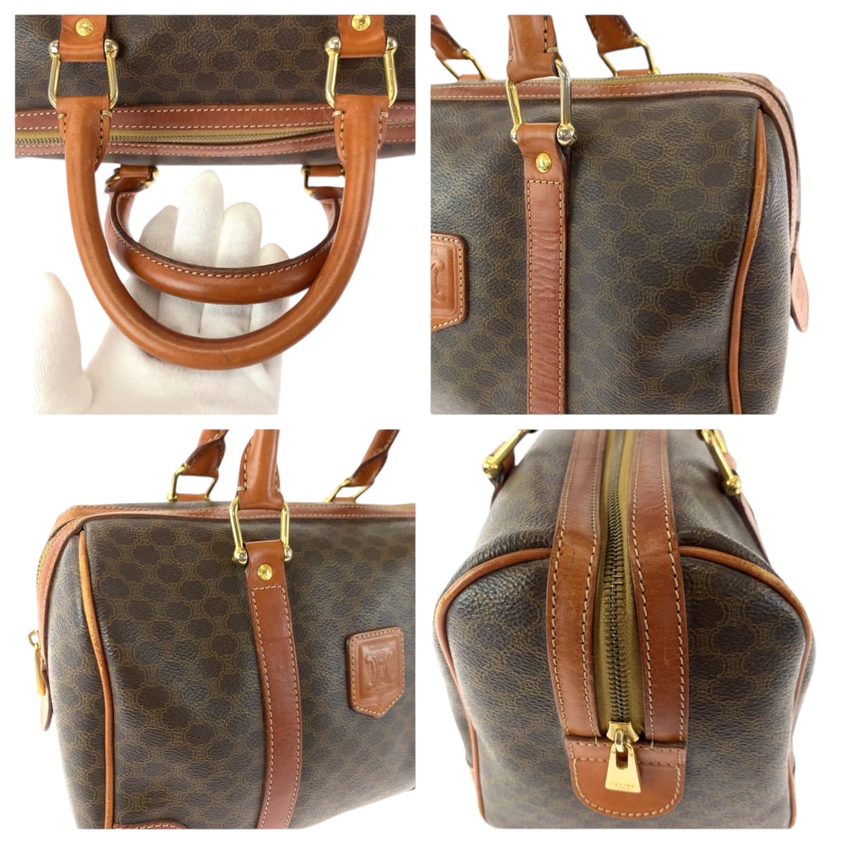 13403
CELINE セリーヌ ヴィンテージ マカダム ブラウン ゴールド金具 PVC ボストンバッグ ハンドバッグ  レディース