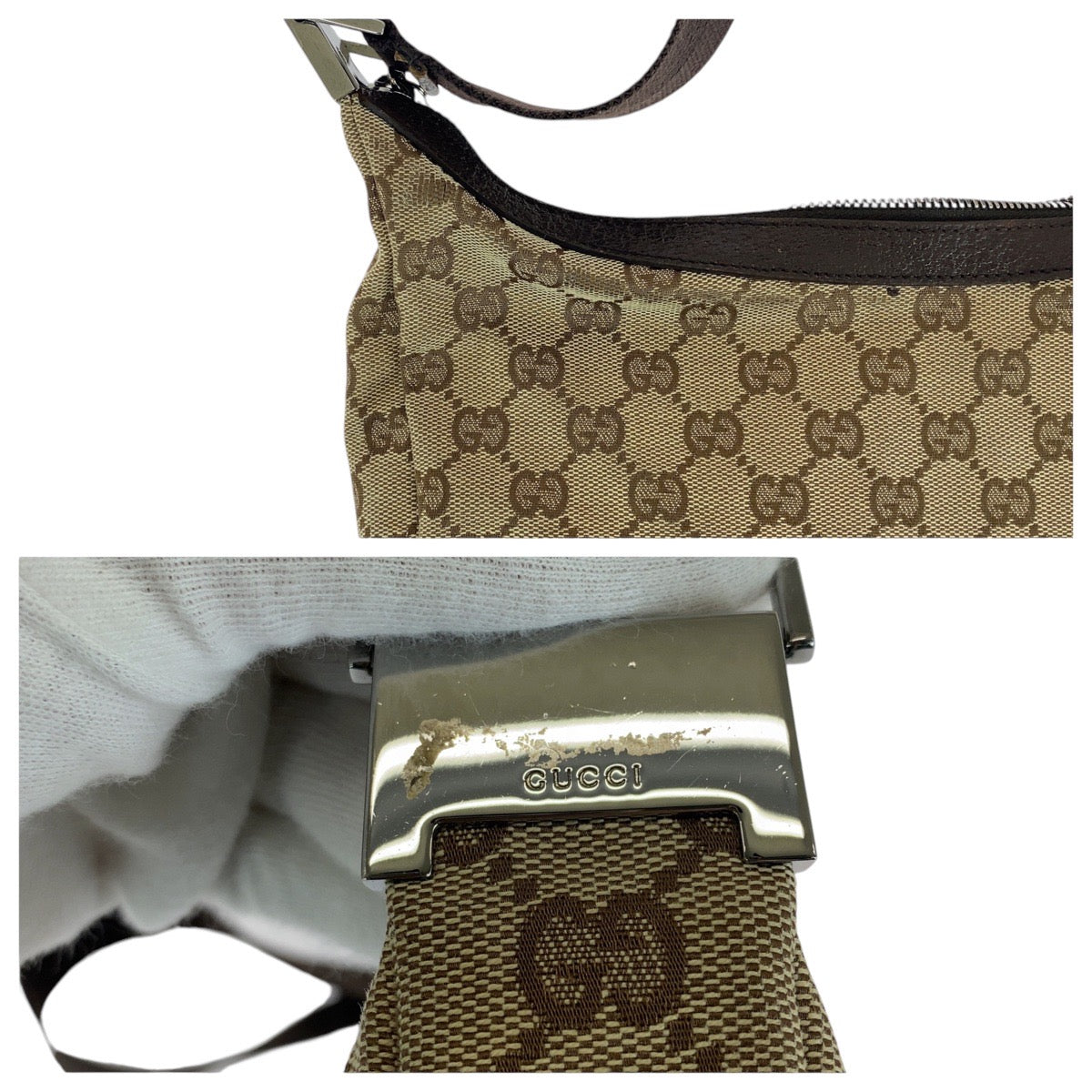13406
GUCCI グッチ ブラウン ベージュ シルバー金具 GGキャンバス / レザー 35098 ショルダーバッグ ポシェット  レディース